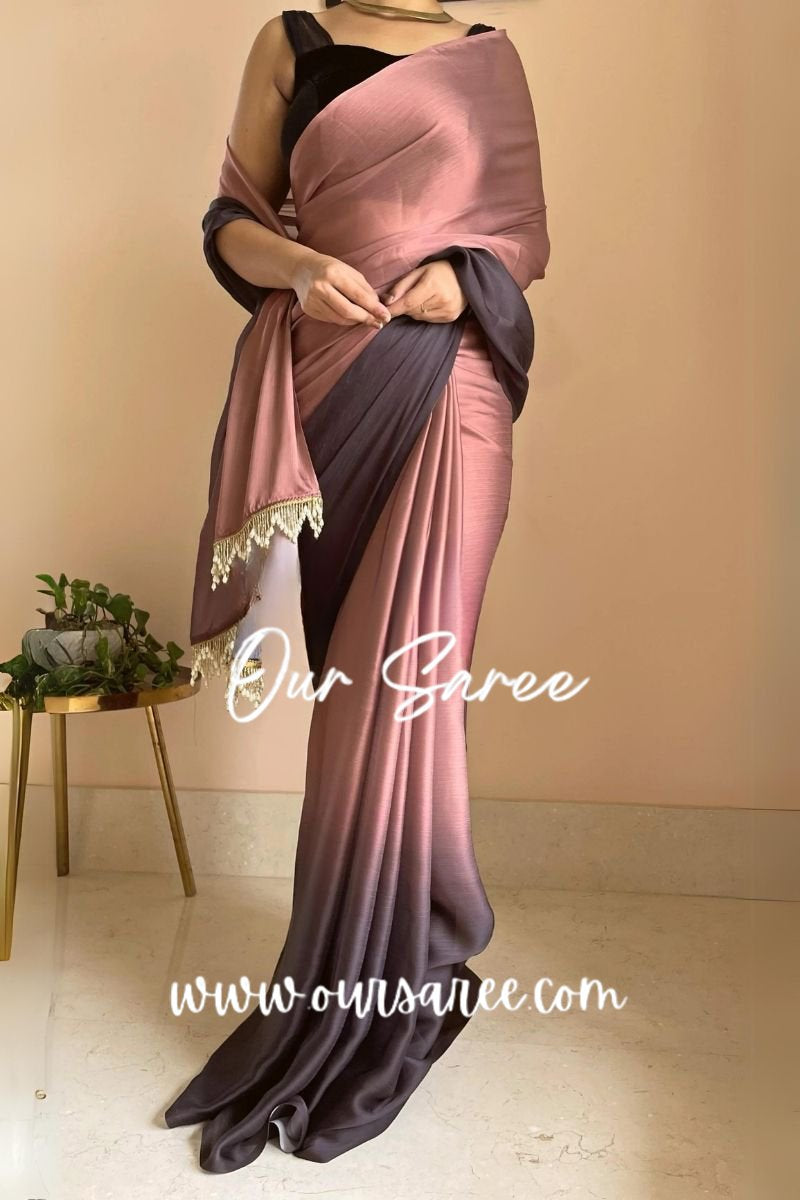 1-MIN READY TO WEAR  Chai Coffee Ombré Crepe Silk Saree with Handmade Tassels on Pallu