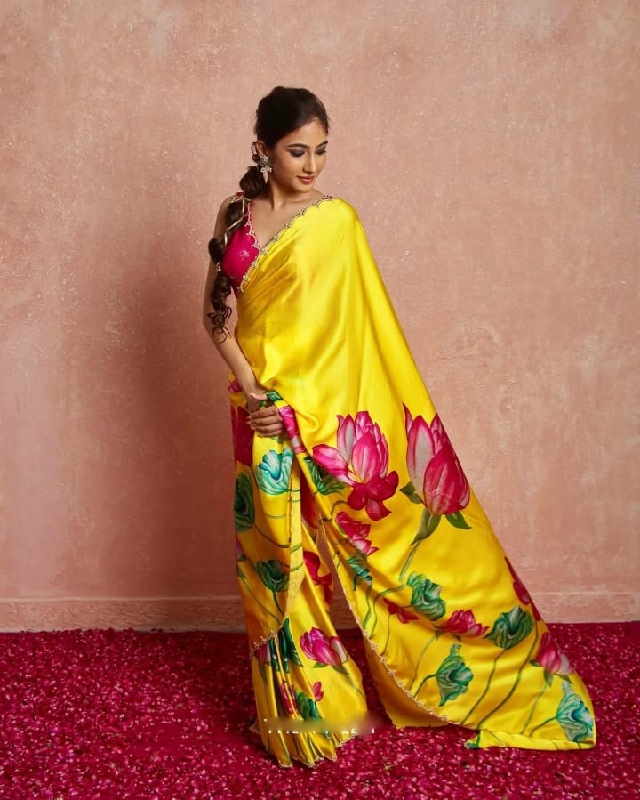 Adorable Ready To Wear Moti & Val Hand Work  Lace Border Saree With Stitched Blouse