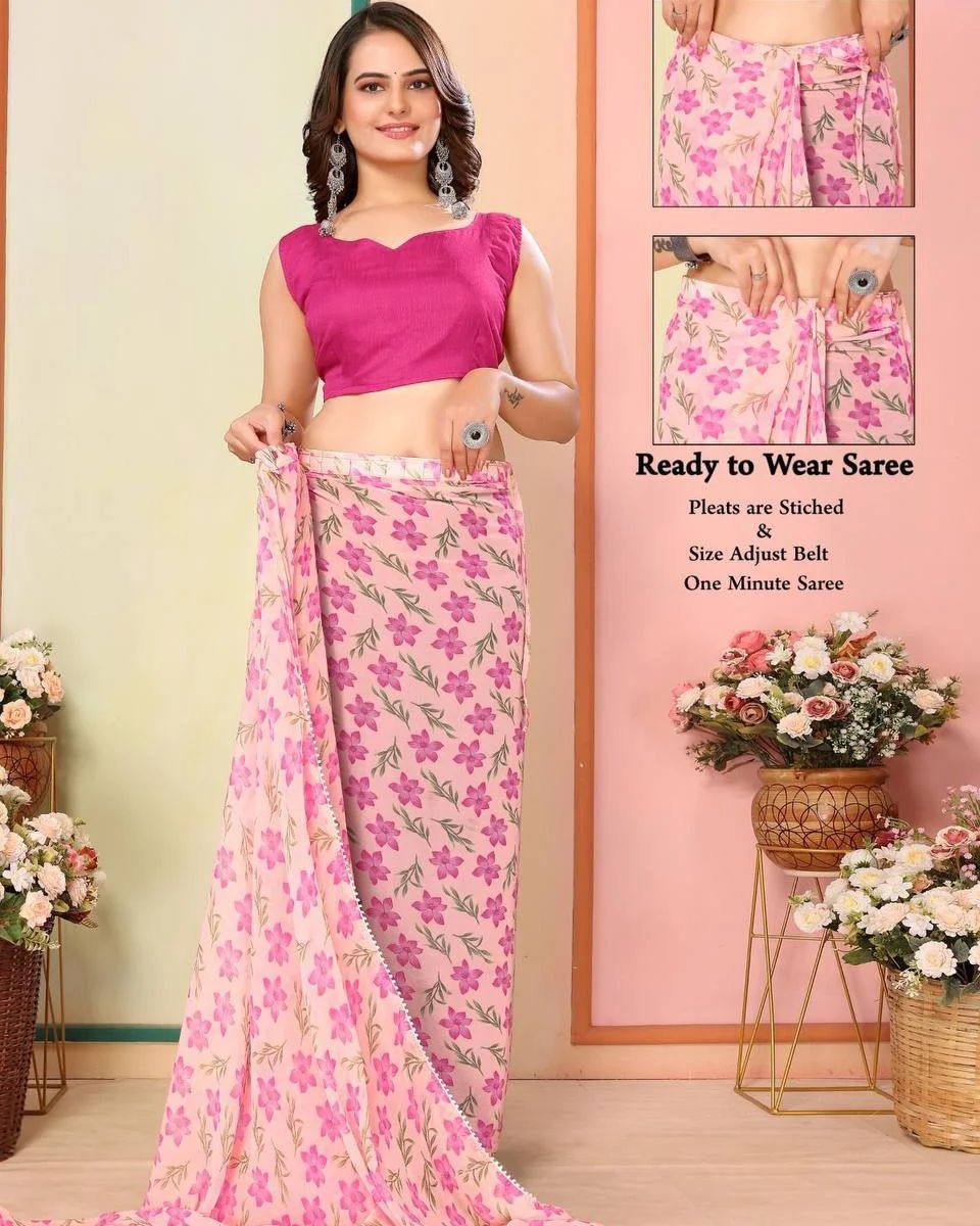 Magnificat 1-Minute Ready To Wear Pink Georgette Saree