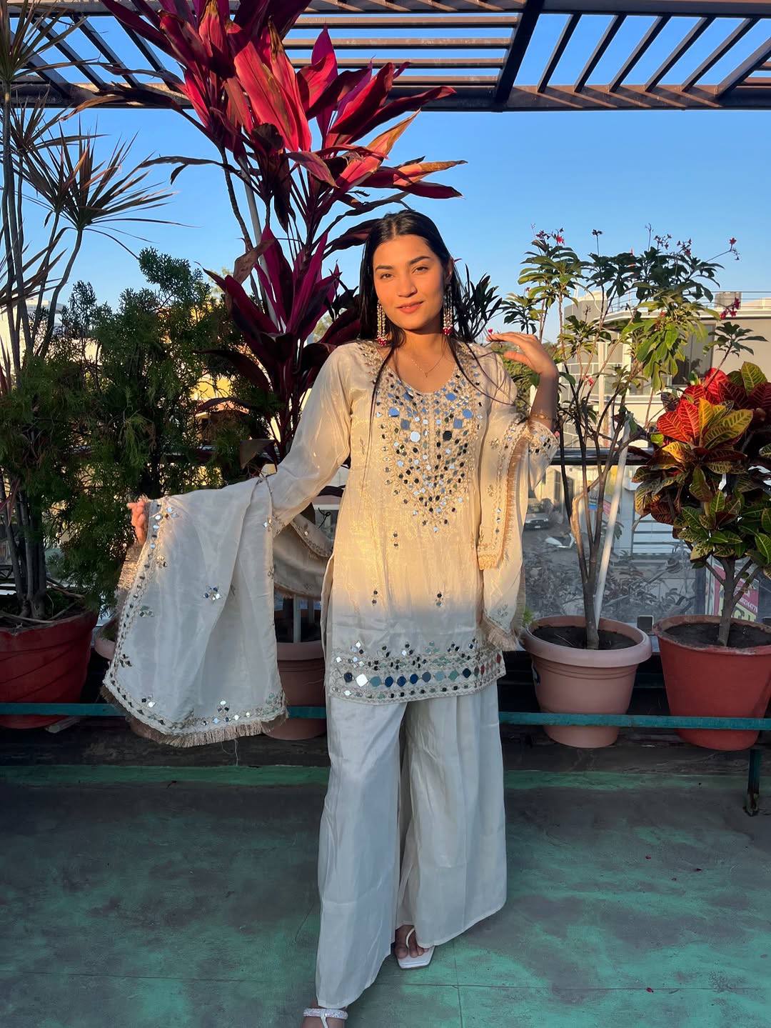 MirrorMuse Georgette Partywear Plazzo Suit Set with Dupatta