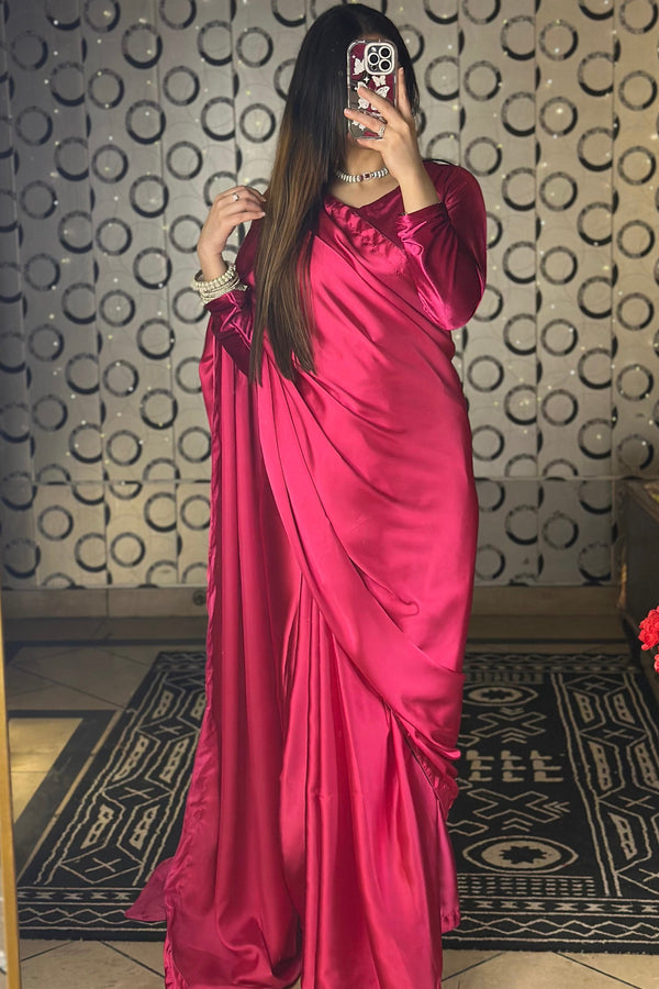 1-MIN READY TO WEAR  Hot Pink Satin Silk Saree With Handmade Tassels On Pallu