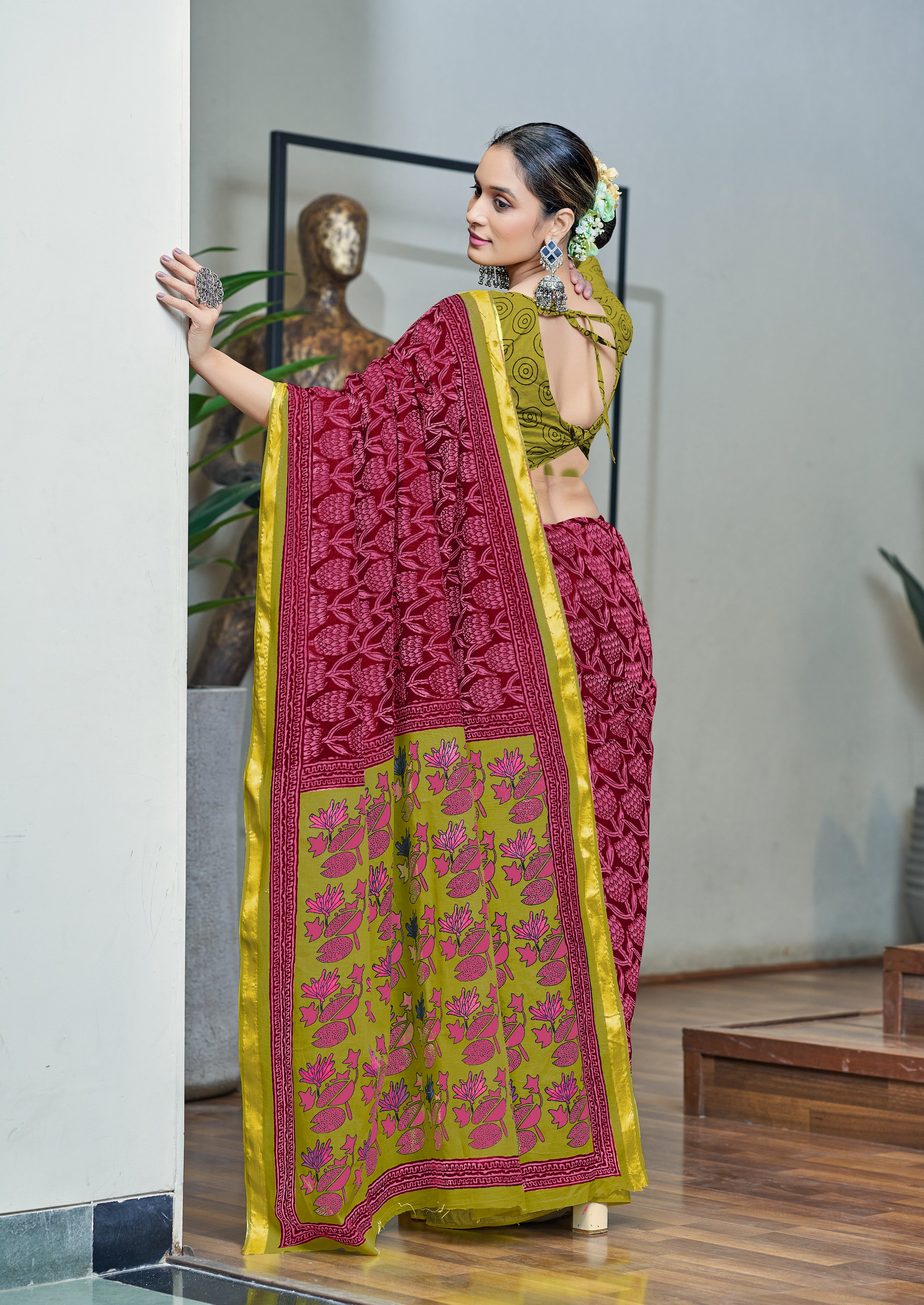 Casual 1-Minute Ready To Wear Deep pink Mul Cotton Printed Saree