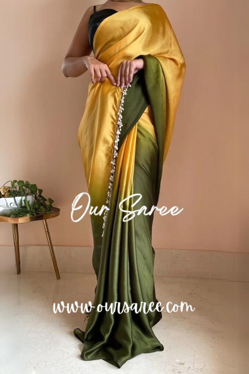 1-MIN READY TO WEAR  Mango Bite Ombré Crepe Silk Saree With Handmade Tassels on Pallu