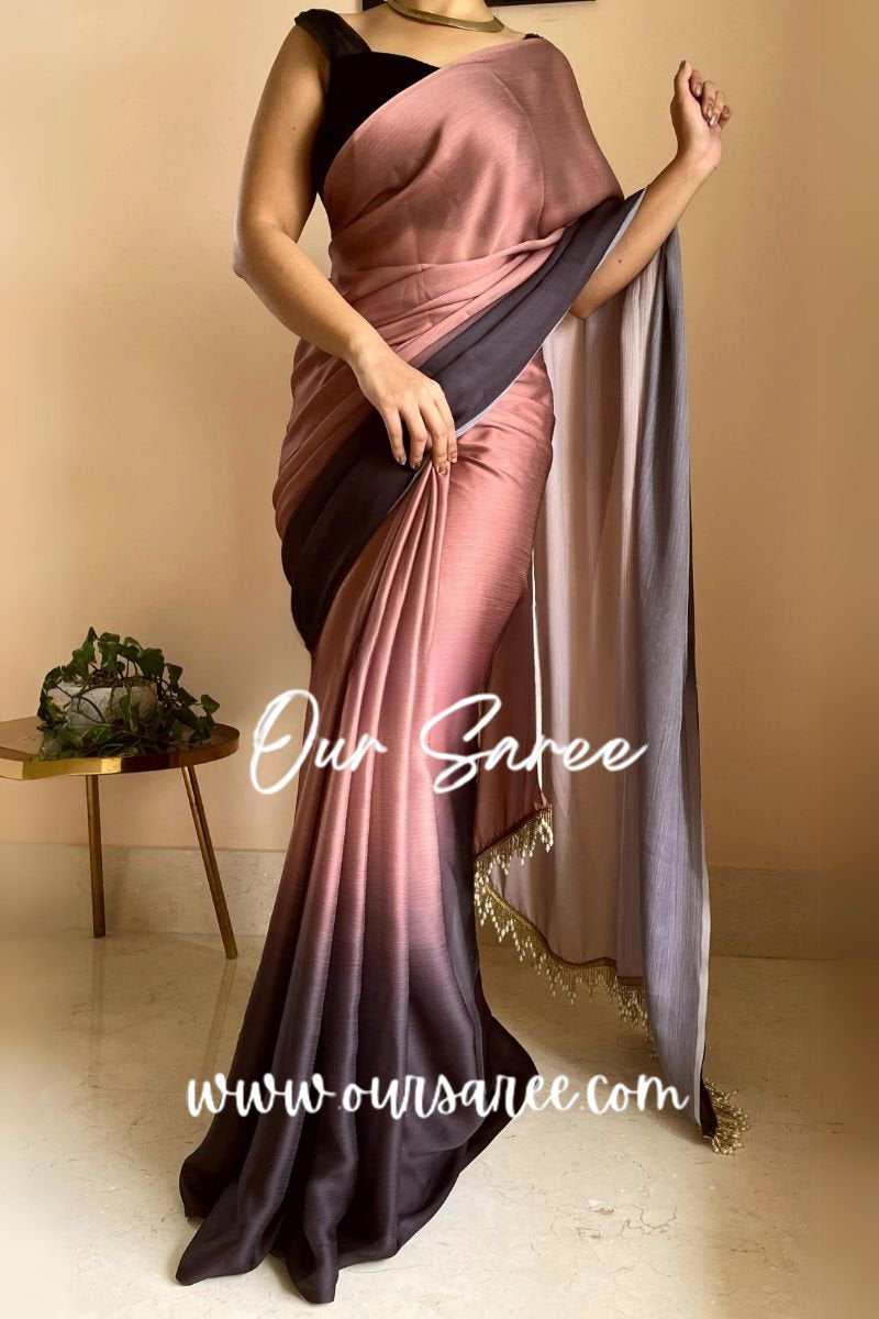 1-MIN READY TO WEAR  Chai Coffee Ombré Crepe Silk Saree with Handmade Tassels on Pallu