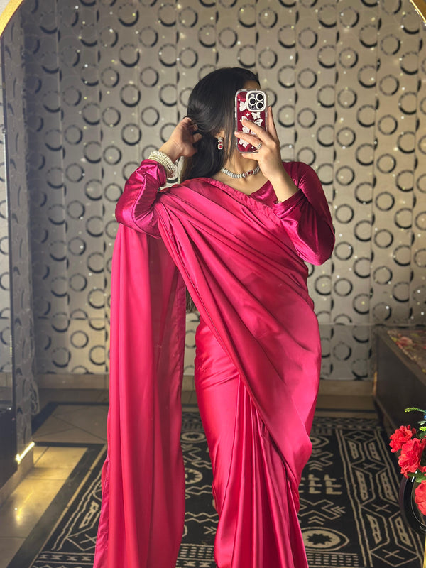 1-MIN READY TO WEAR  Hot Pink Satin Silk Saree With Handmade Tassels On Pallu
