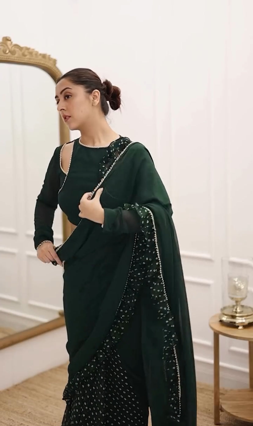 Green Pre-Draped Frilled Saree