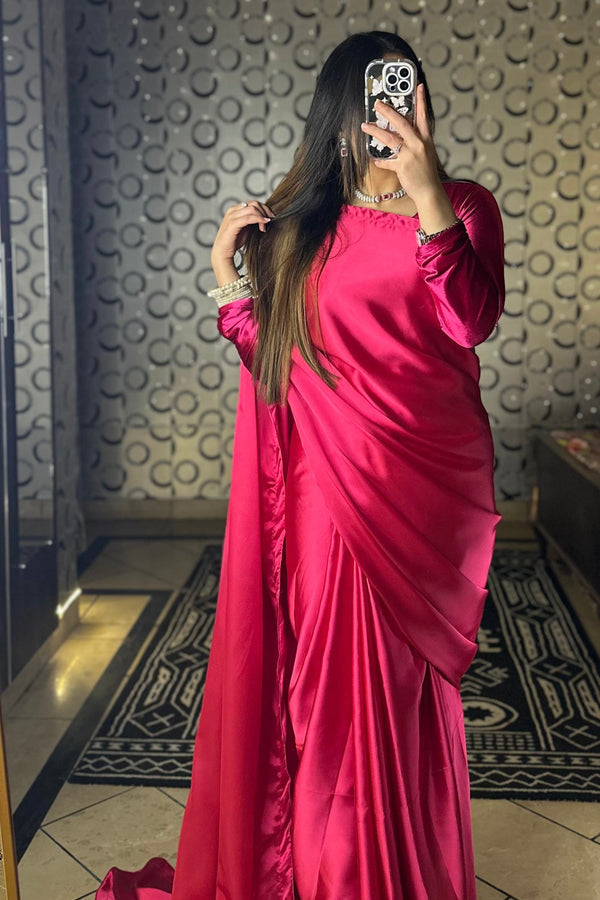 1-MIN READY TO WEAR  Hot Pink Satin Silk Saree With Handmade Tassels On Pallu