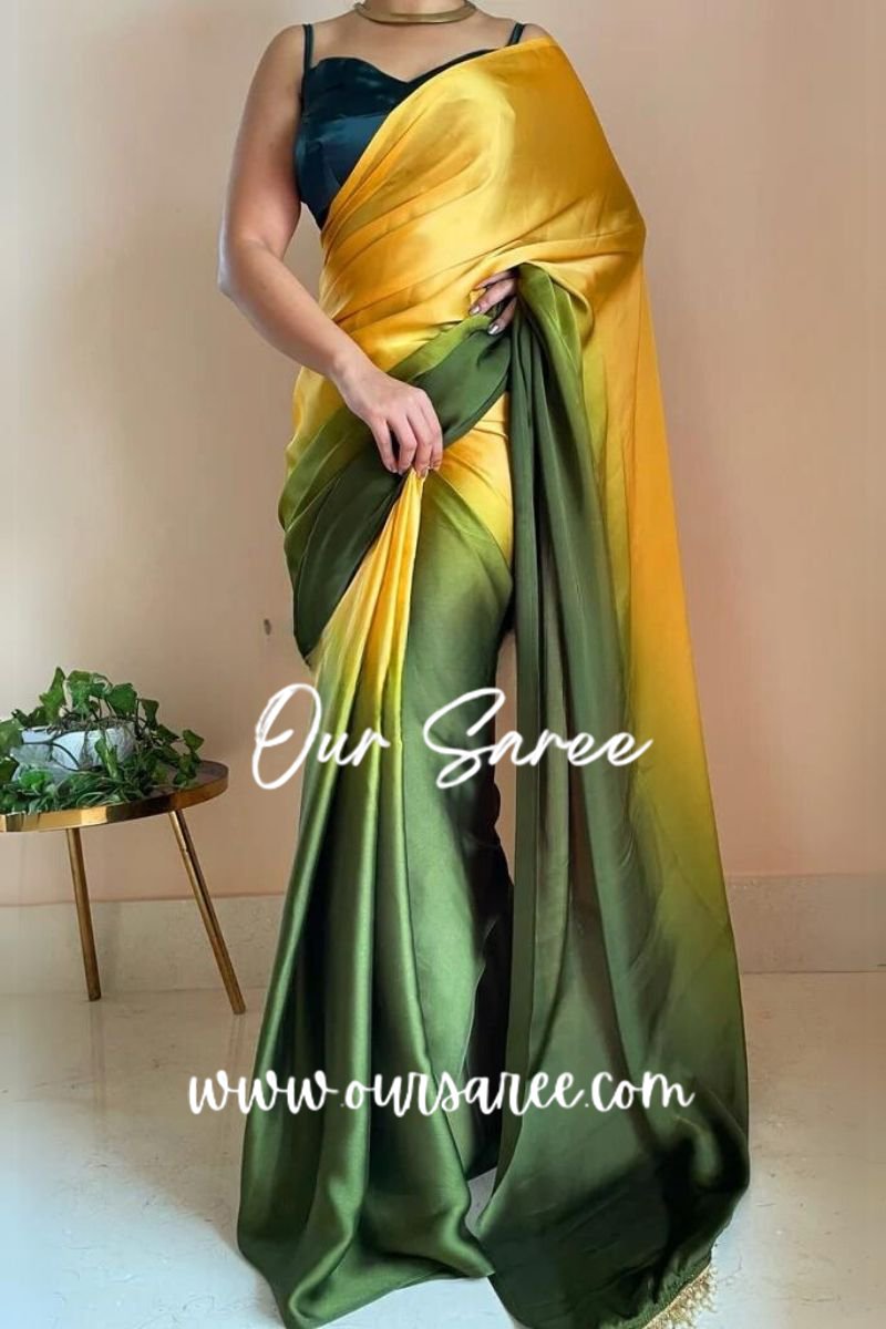 1-MIN READY TO WEAR  Mango Bite Ombré Crepe Silk Saree With Handmade Tassels on Pallu