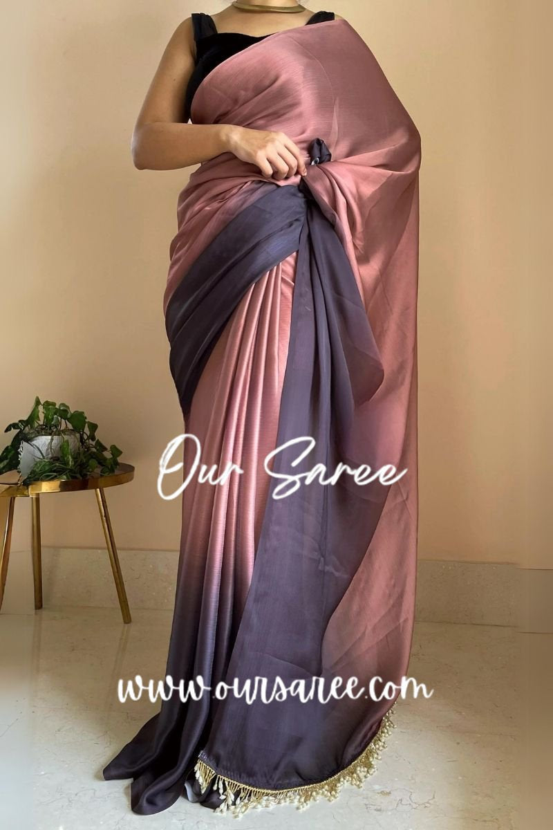 1-MIN READY TO WEAR  Chai Coffee Ombré Crepe Silk Saree with Handmade Tassels on Pallu