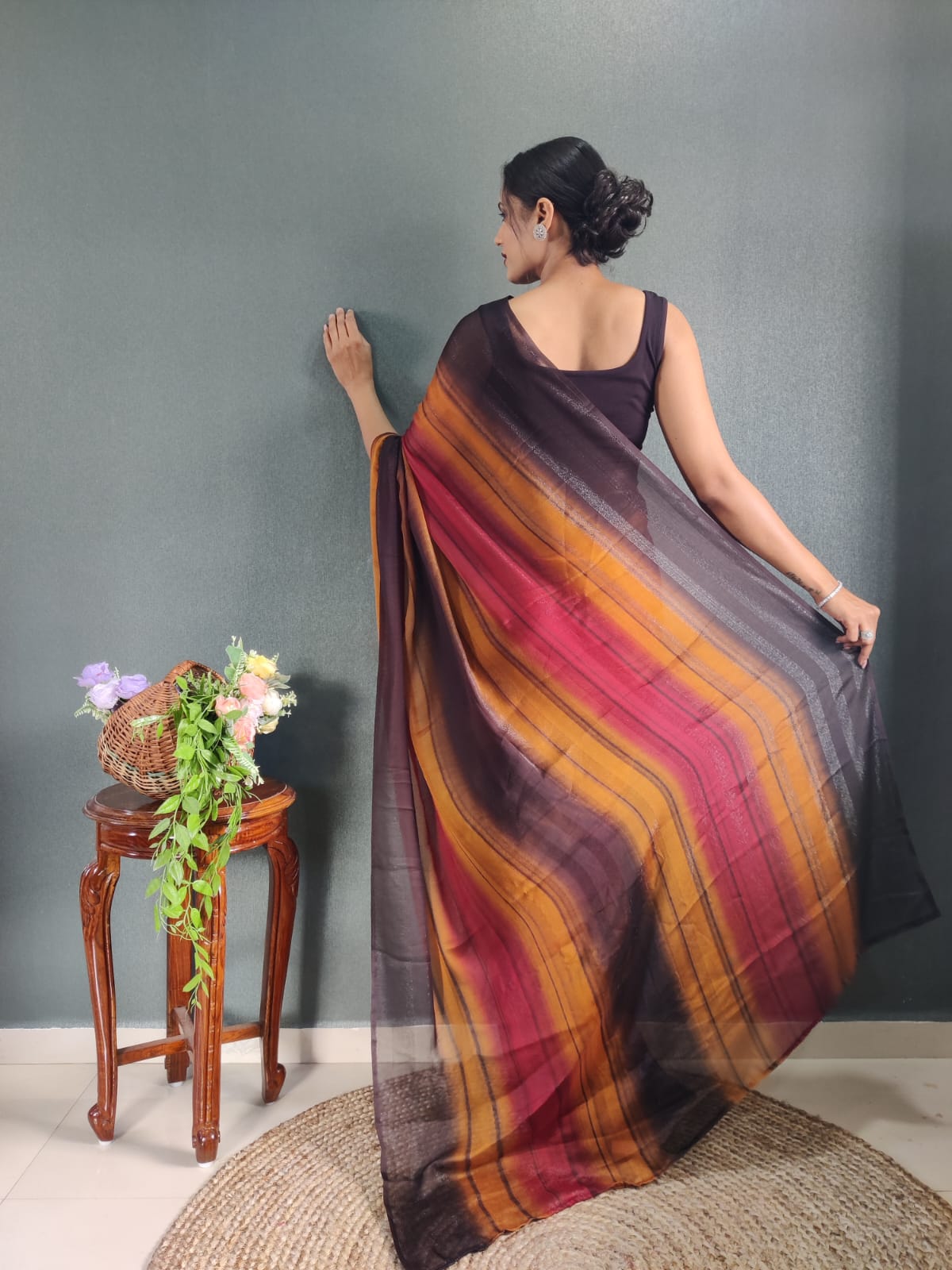 Vibrant 1-Minute Ready To Wear Nylon silk patta design  Saree