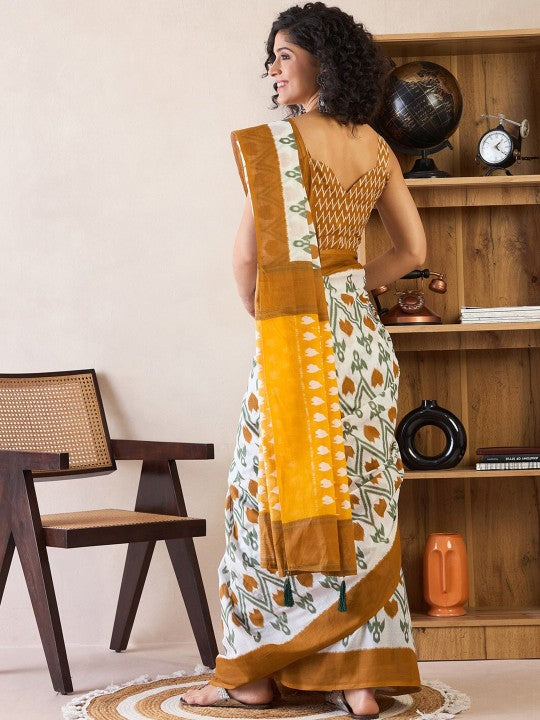 Ethnic Motifs Poly Cotton Ready To Wear Ikat Saree