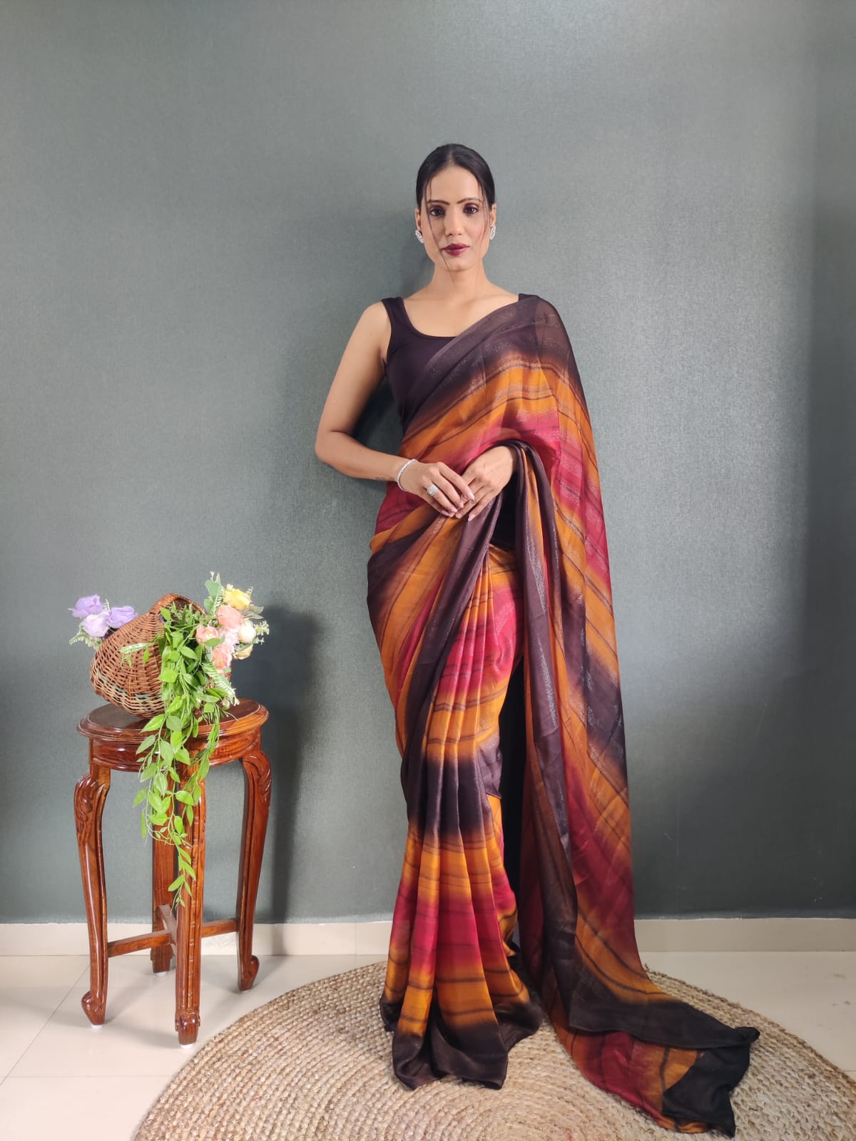 Vibrant 1-Minute Ready To Wear Nylon silk patta design  Saree