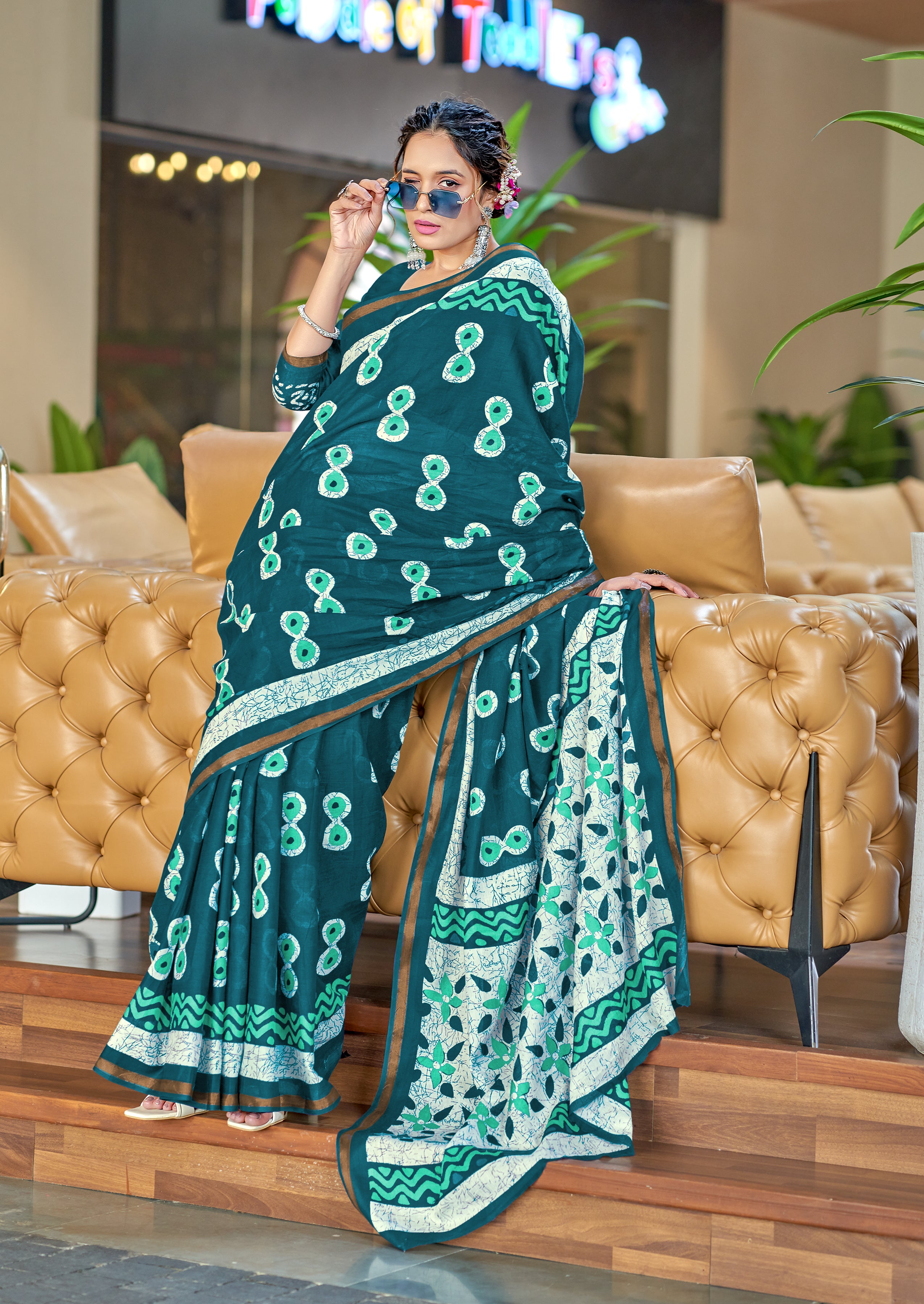 Excellent 1 Minute Ready To Wear Teal Color  Mul Cotton Printed Saree