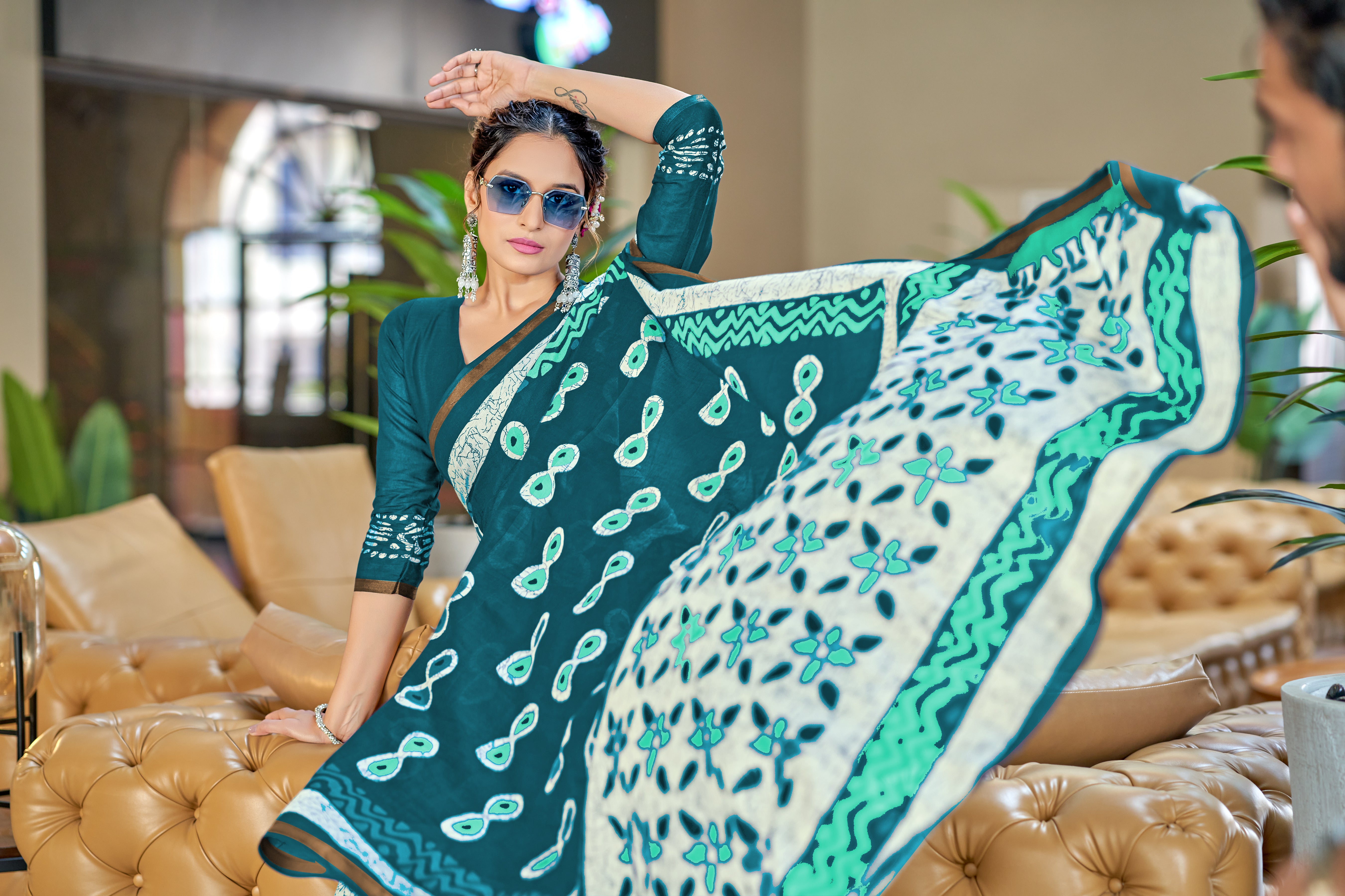 Excellent 1 Minute Ready To Wear Teal Color  Mul Cotton Printed Saree