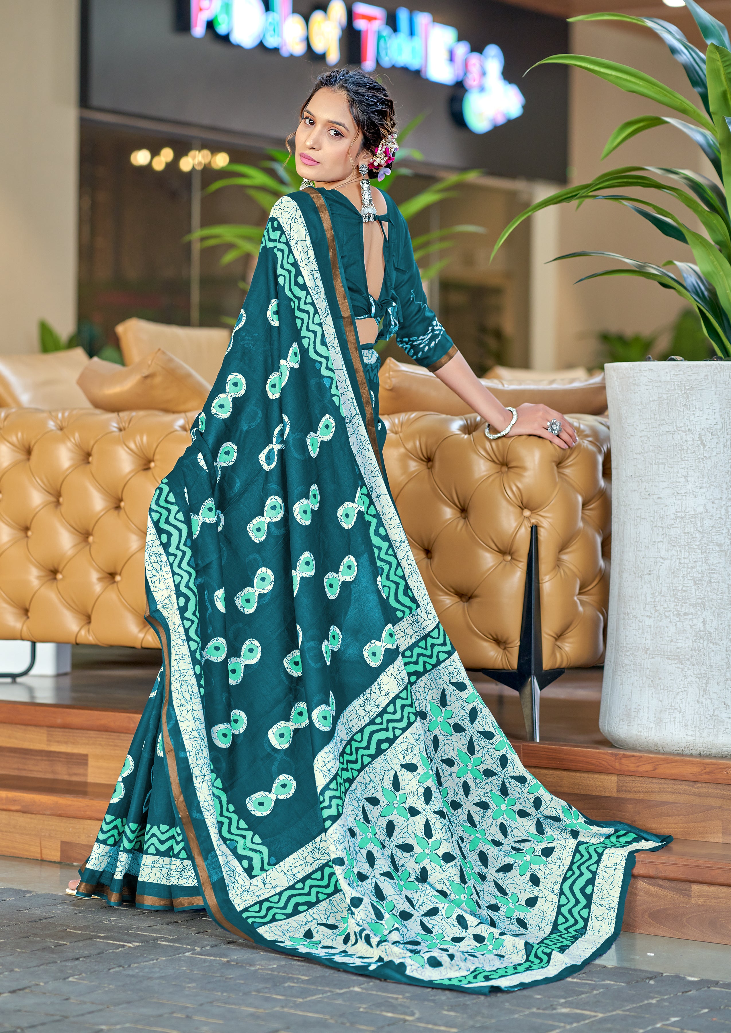 Excellent 1 Minute Ready To Wear Teal Color  Mul Cotton Printed Saree