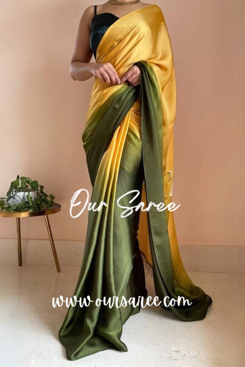 1-MIN READY TO WEAR  Mango Bite Ombré Crepe Silk Saree With Handmade Tassels on Pallu