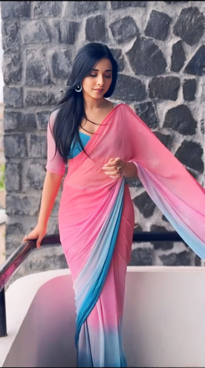 Fancifull 1-Minute Ready To Wear Pink & Sky Color Georgette Saree