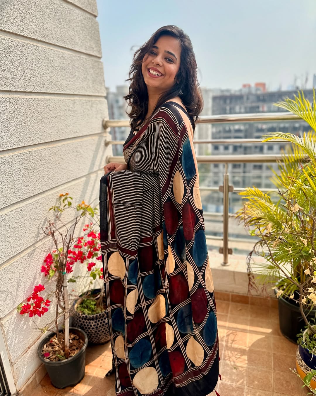 1 Min Ready-to-Wear Handblock Print Ajrakh Modal Silk Saree