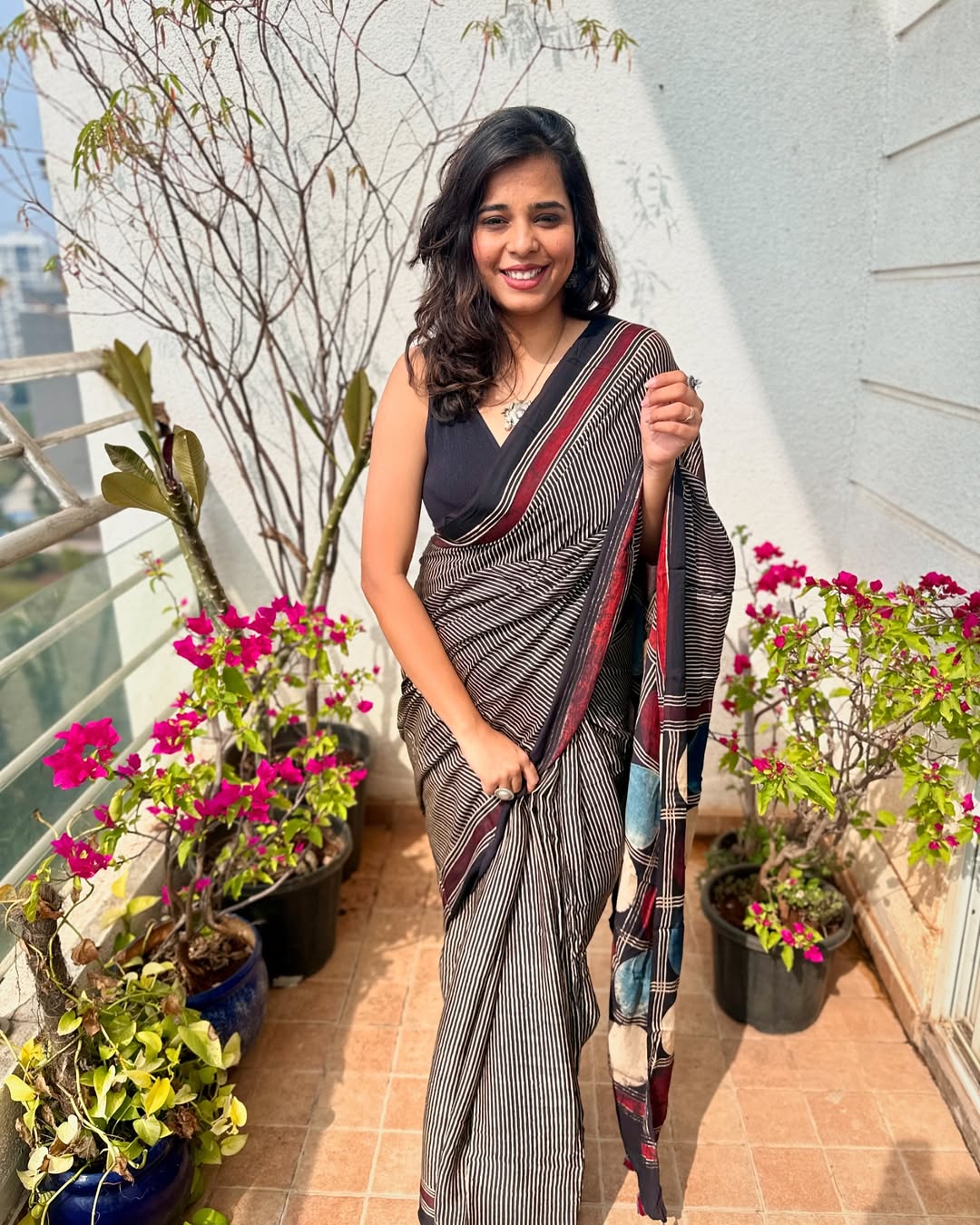 1 Min Ready-to-Wear Handblock Print Ajrakh Modal Silk Saree