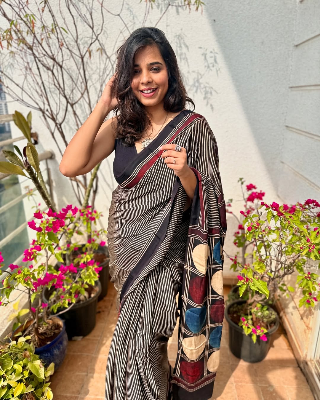 1 Min Ready-to-Wear Handblock Print Ajrakh Modal Silk Saree