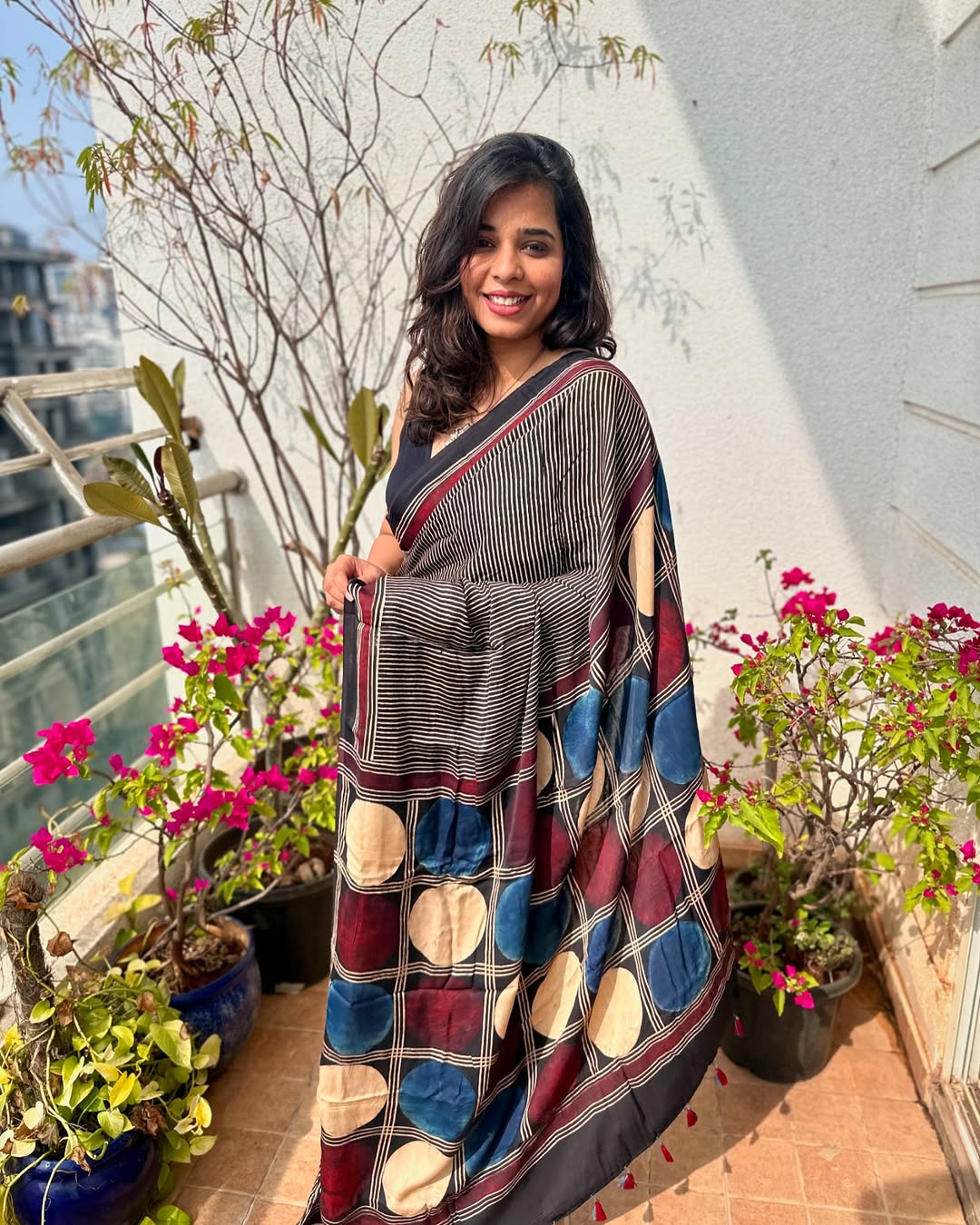 1 Min Ready-to-Wear Handblock Print Ajrakh Modal Silk Saree