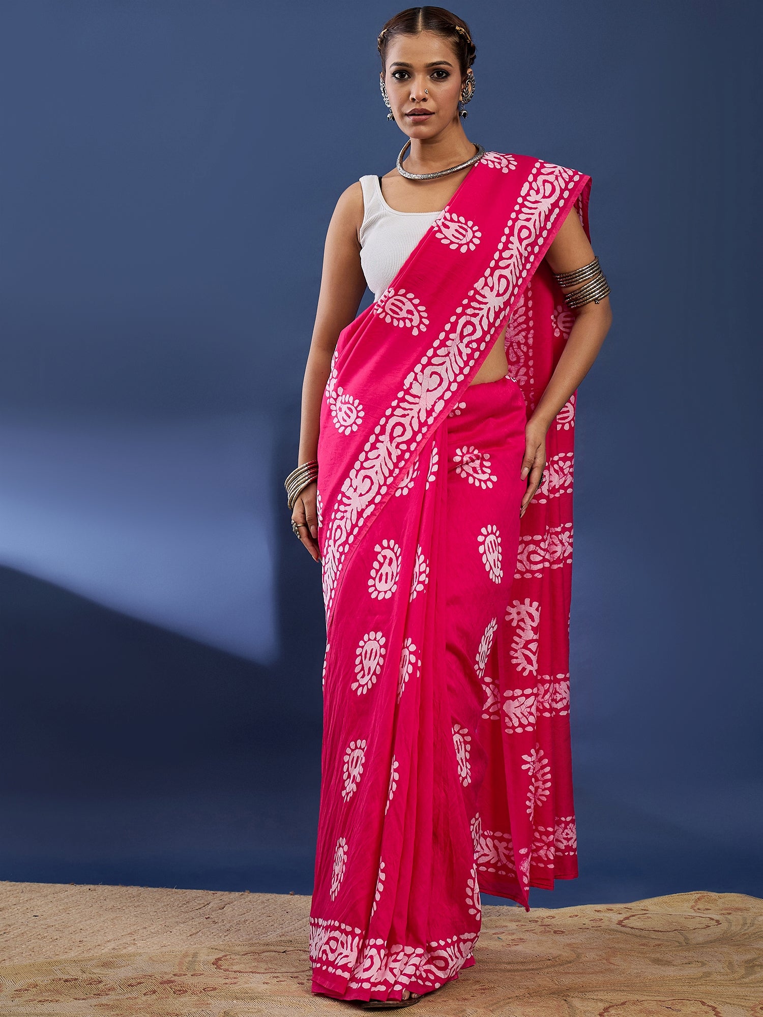 Pure Soft Cotton Hand Block Batik Printed Saree with Blouse Piece