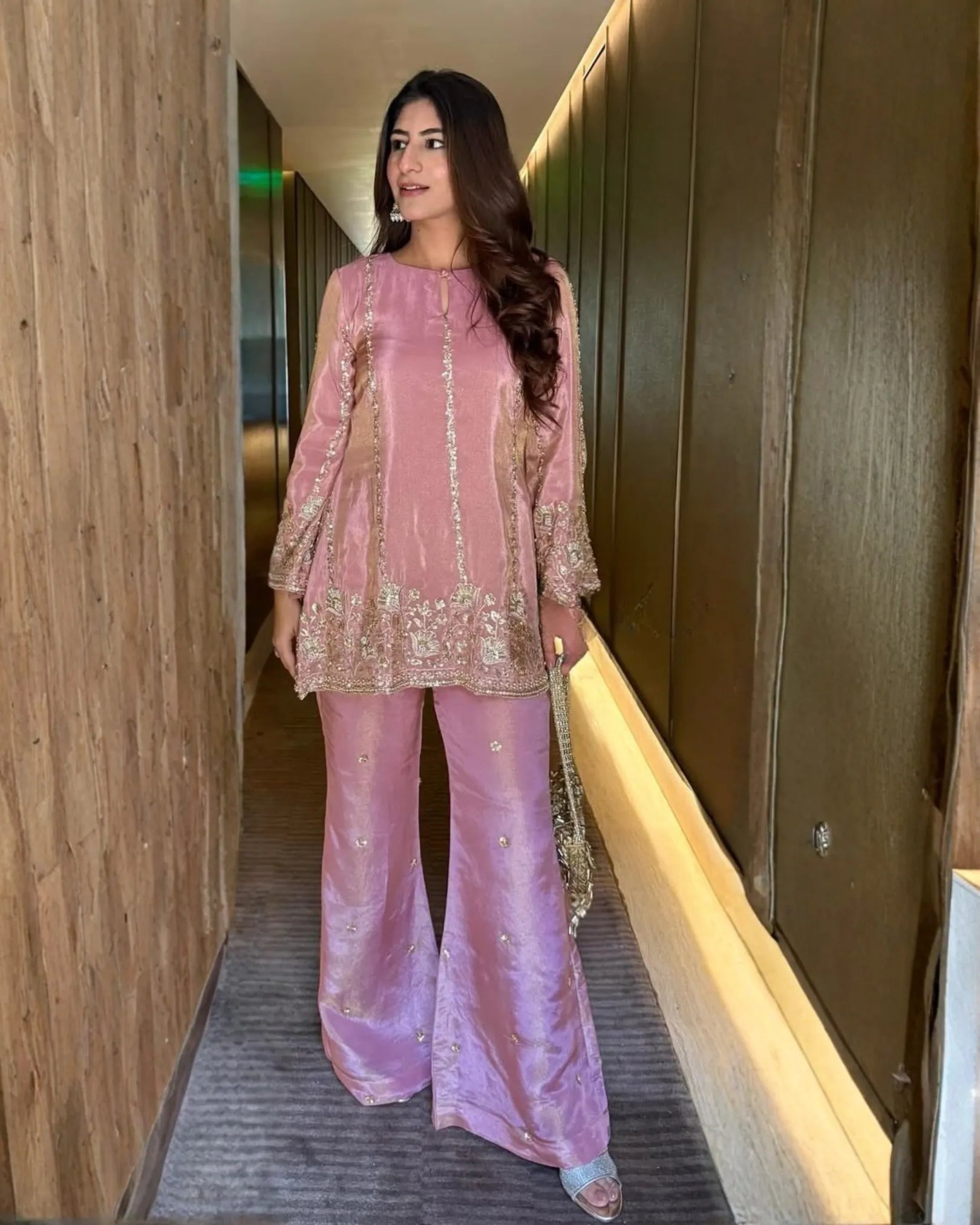 Designer Chinon Silk Sequins Embroidery Top with Palazzo