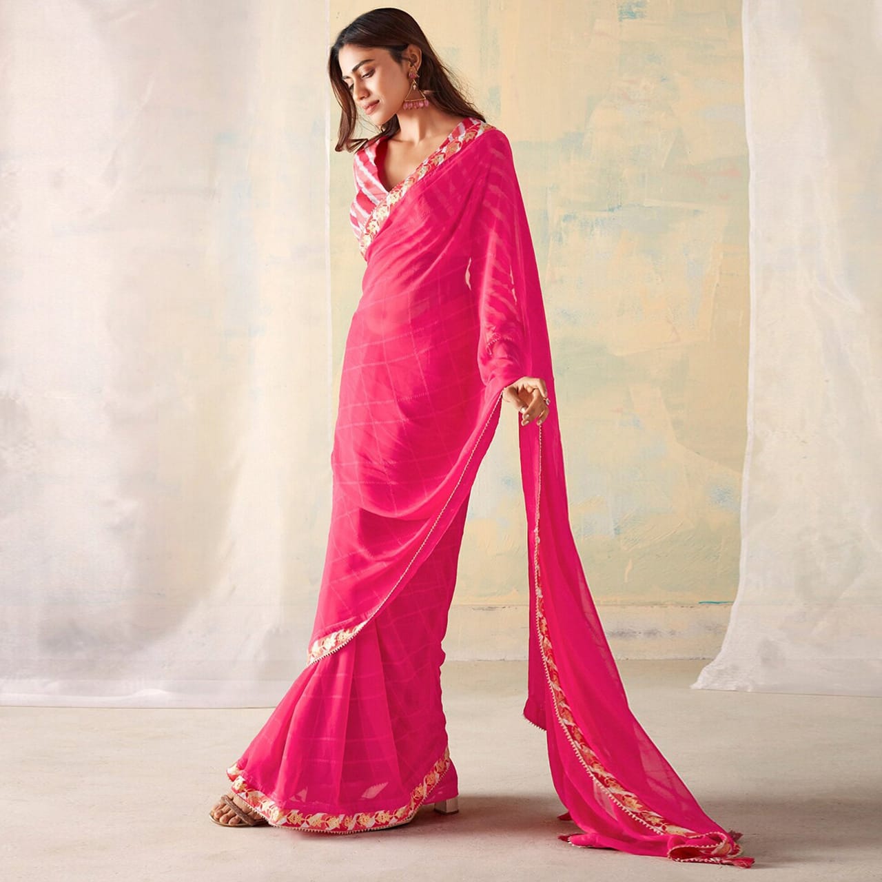 Pink Georgette  Chext Print Saree with Bangalori Silk Unstitch Blouse