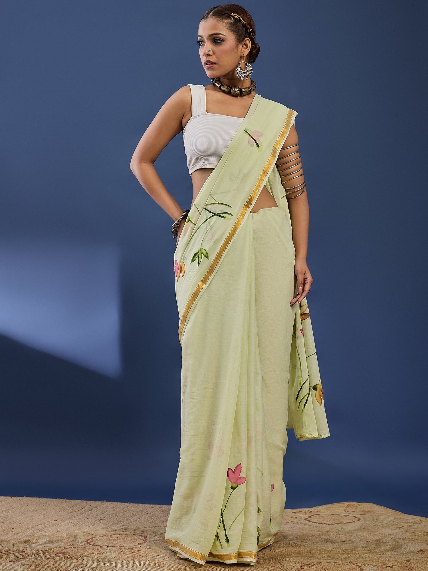 Elegant Light Pistachio Hand-Painted Floral Saree with Golden Border