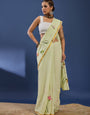 Elegant Light Pistachio Hand-Painted Floral Saree with Golden Border