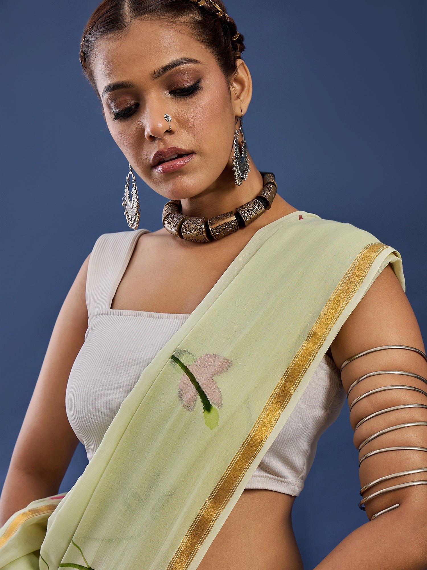 Elegant Light Pistachio Hand-Painted Floral Saree with Golden Border
