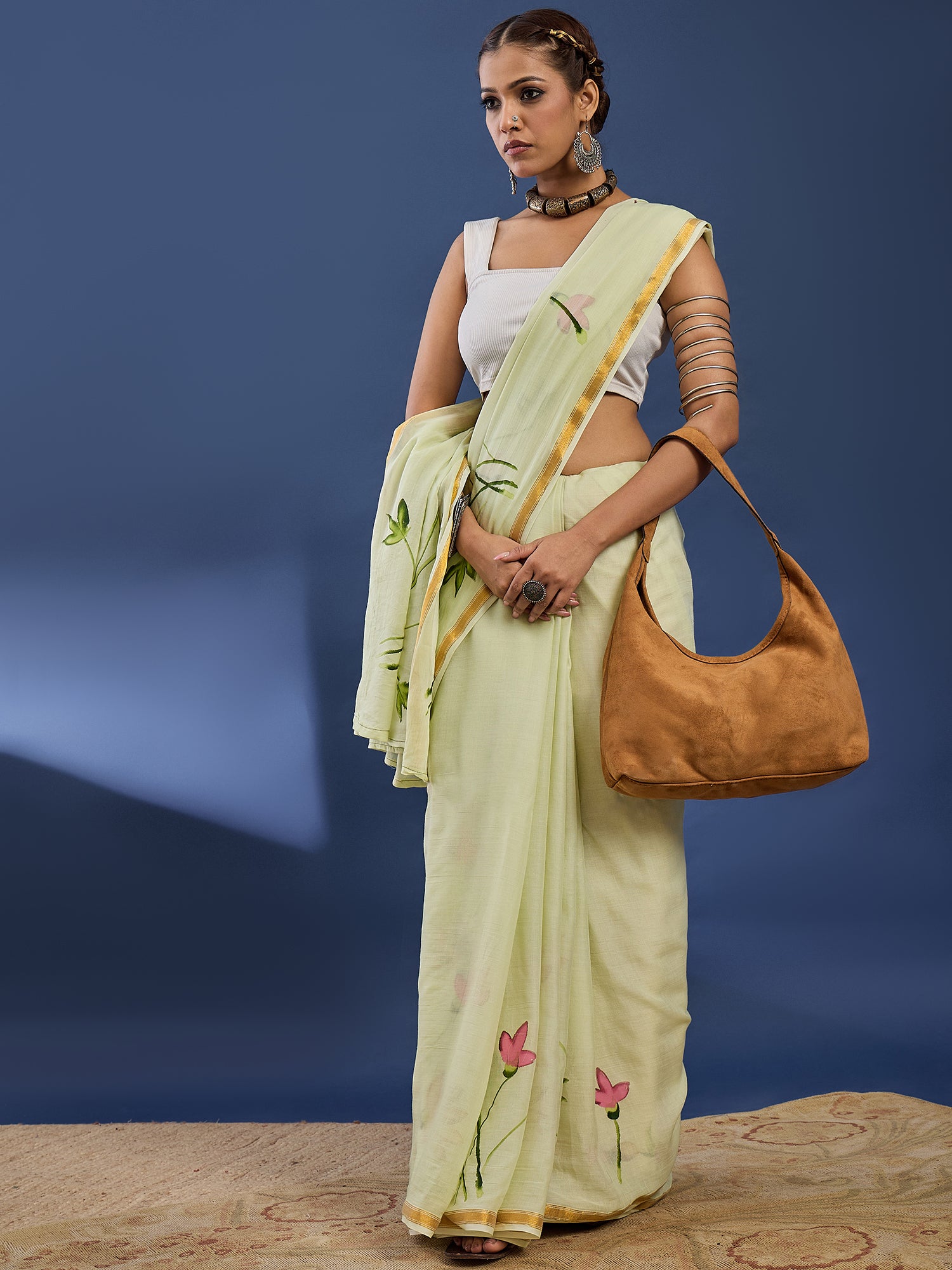Elegant Light Pistachio Hand-Painted Floral Saree with Golden Border