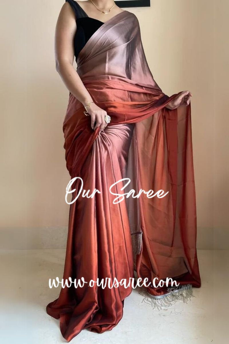 1-MIN READY TO WEAR  Espresso Martini Ombré Georgette Saree with Handmade Tassels on Pallu