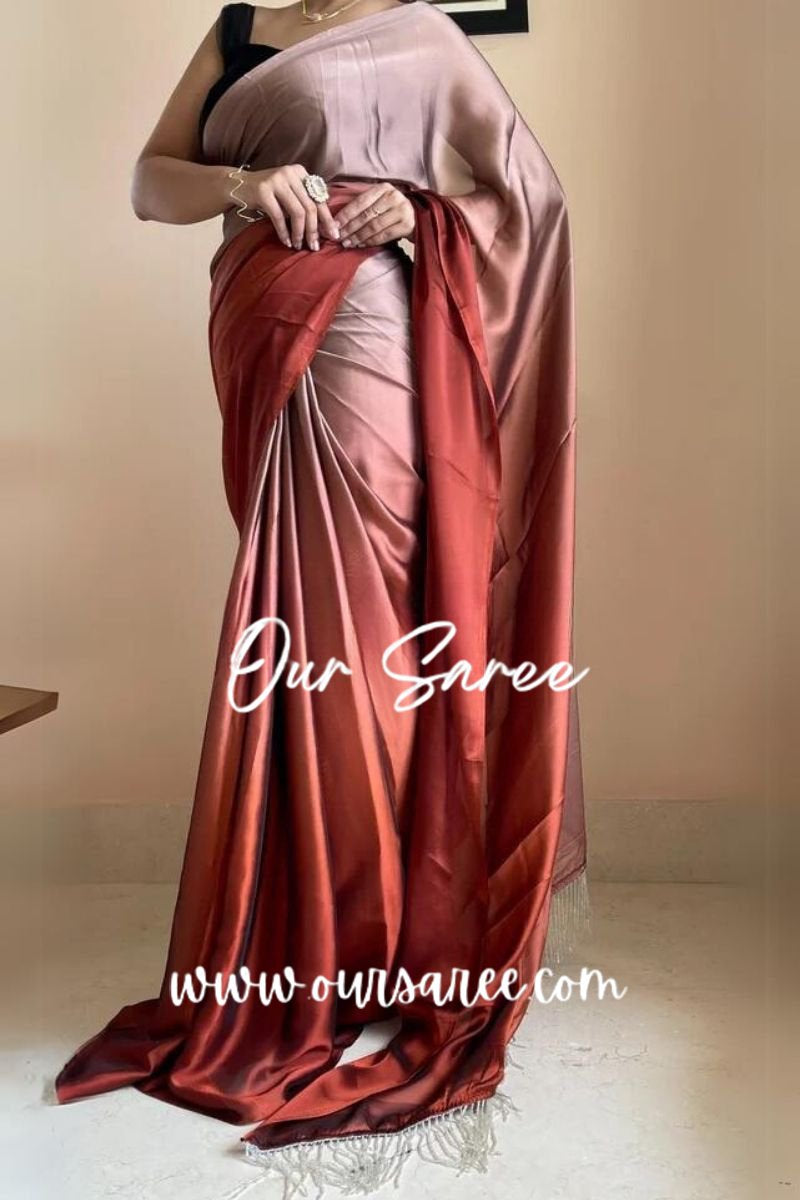 1-MIN READY TO WEAR  Espresso Martini Ombré Georgette Saree with Handmade Tassels on Pallu