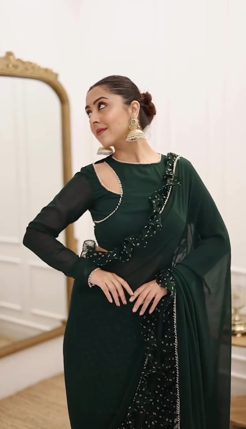 Green Pre-Draped Frilled Saree