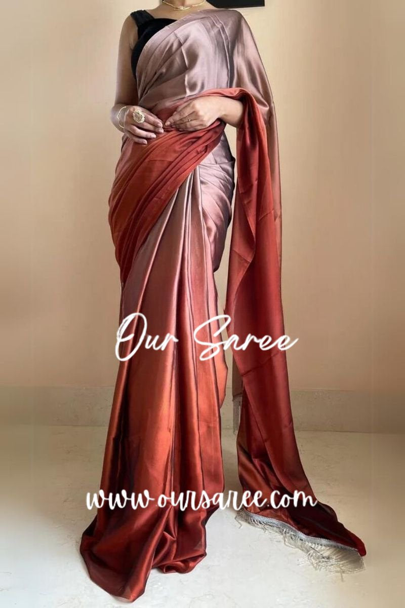 1-MIN READY TO WEAR  Espresso Martini Ombré Georgette Saree with Handmade Tassels on Pallu