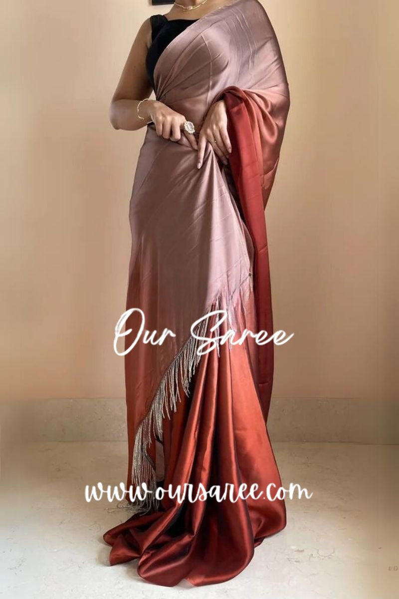 1-MIN READY TO WEAR  Espresso Martini Ombré Georgette Saree with Handmade Tassels on Pallu