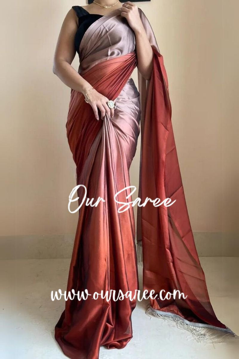 1-MIN READY TO WEAR  Espresso Martini Ombré Georgette Saree with Handmade Tassels on Pallu