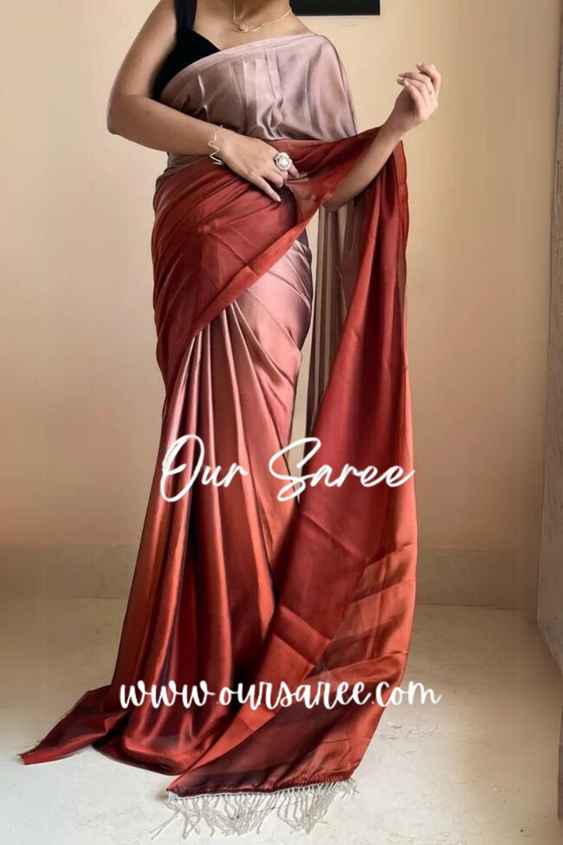 1-MIN READY TO WEAR  Espresso Martini Ombré Georgette Saree with Handmade Tassels on Pallu