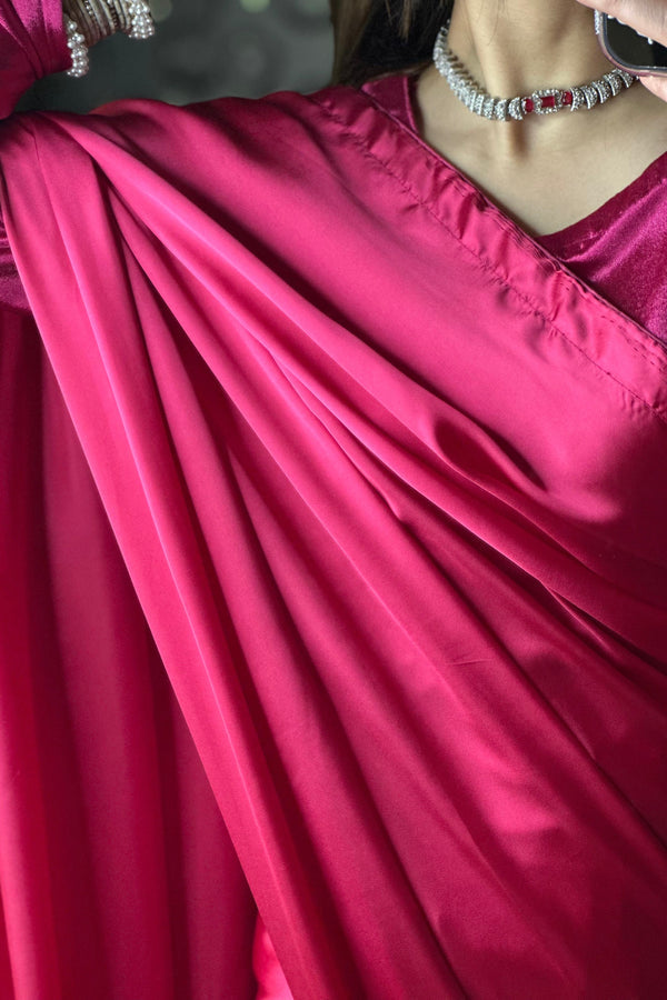 1-MIN READY TO WEAR  Hot Pink Satin Silk Saree With Handmade Tassels On Pallu