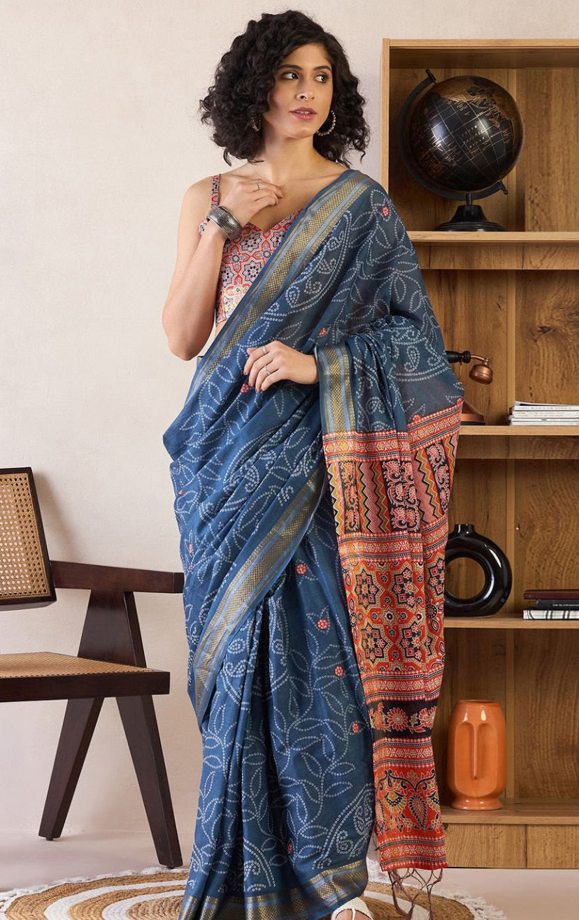 Bandhani Zari Poly Cotton Ready to Wear Sarees