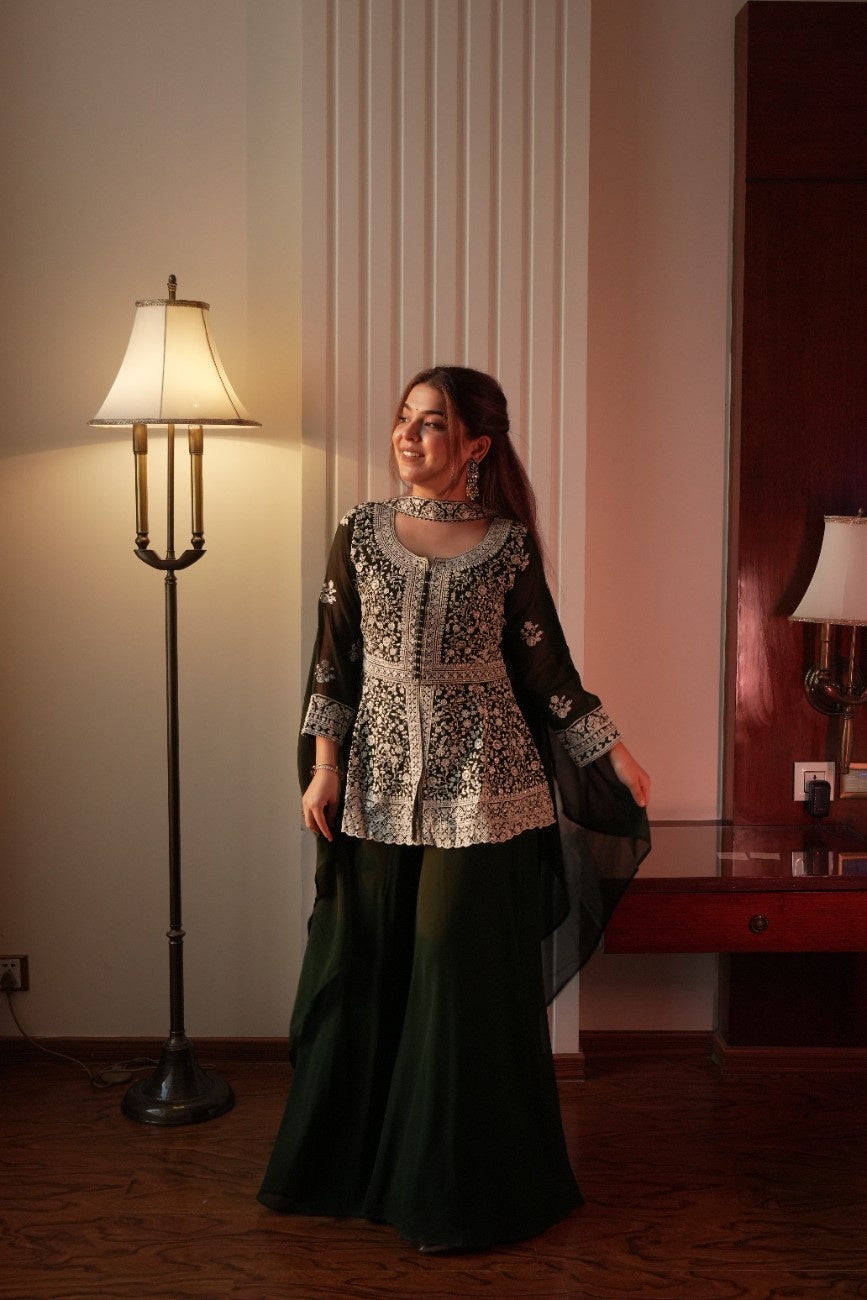 Embroidered Peplum Top with Georgette Plazzo & Dupatta – Festive Wear Set