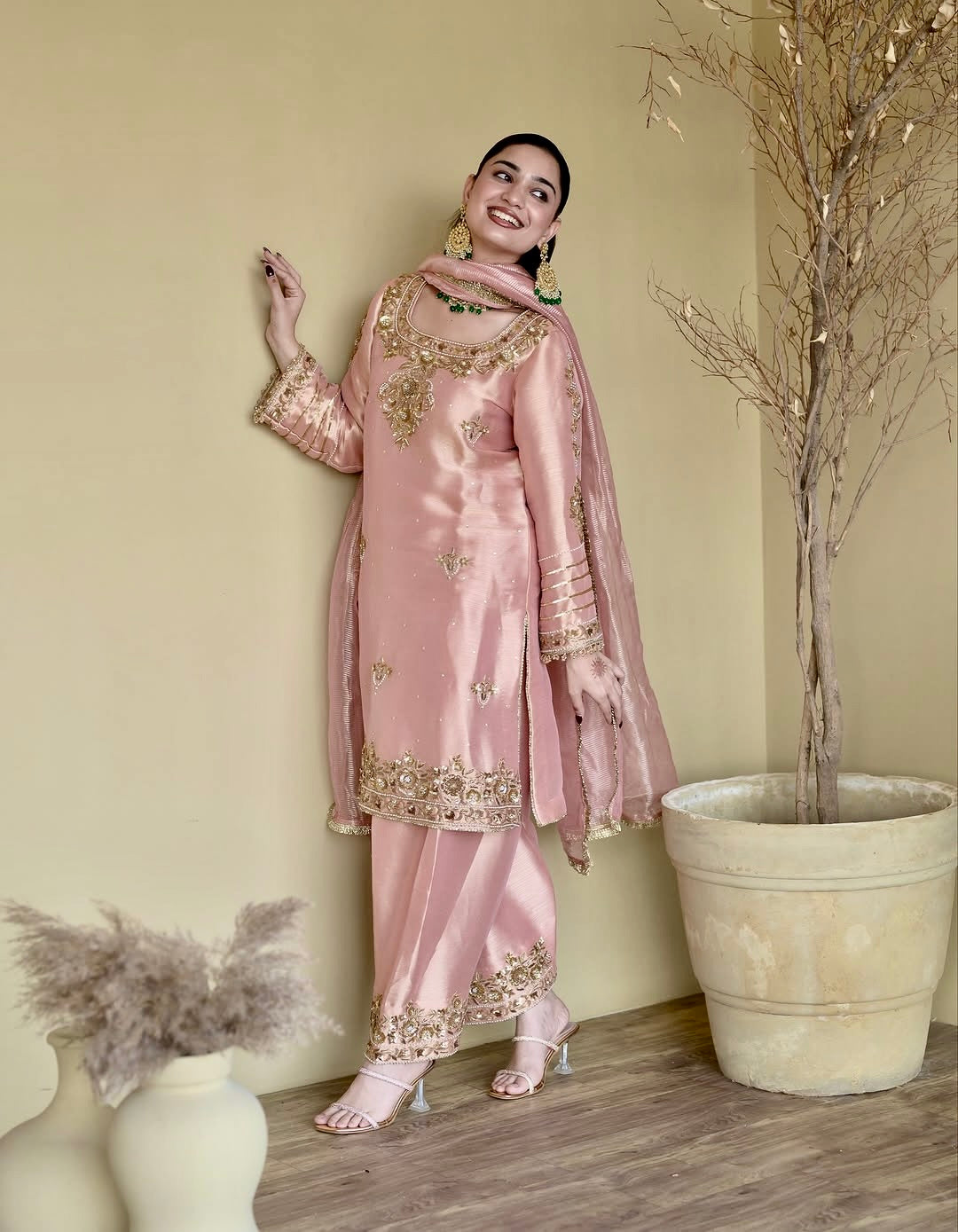 Designer Heavy Natural Silk Embroidered Top Plazzo Suit Set with Dupatta