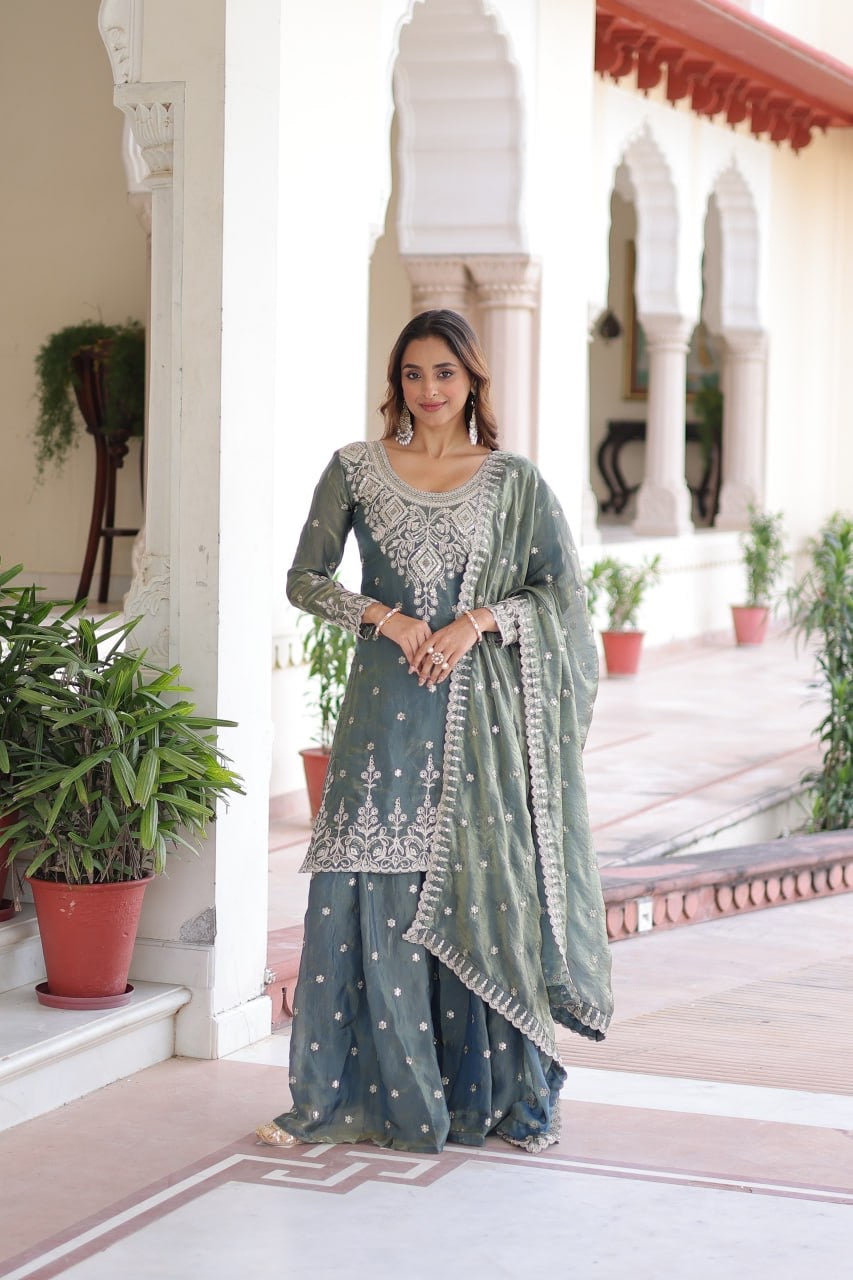 Premium Designer Readymade Top–Sharara–Dupatta Set