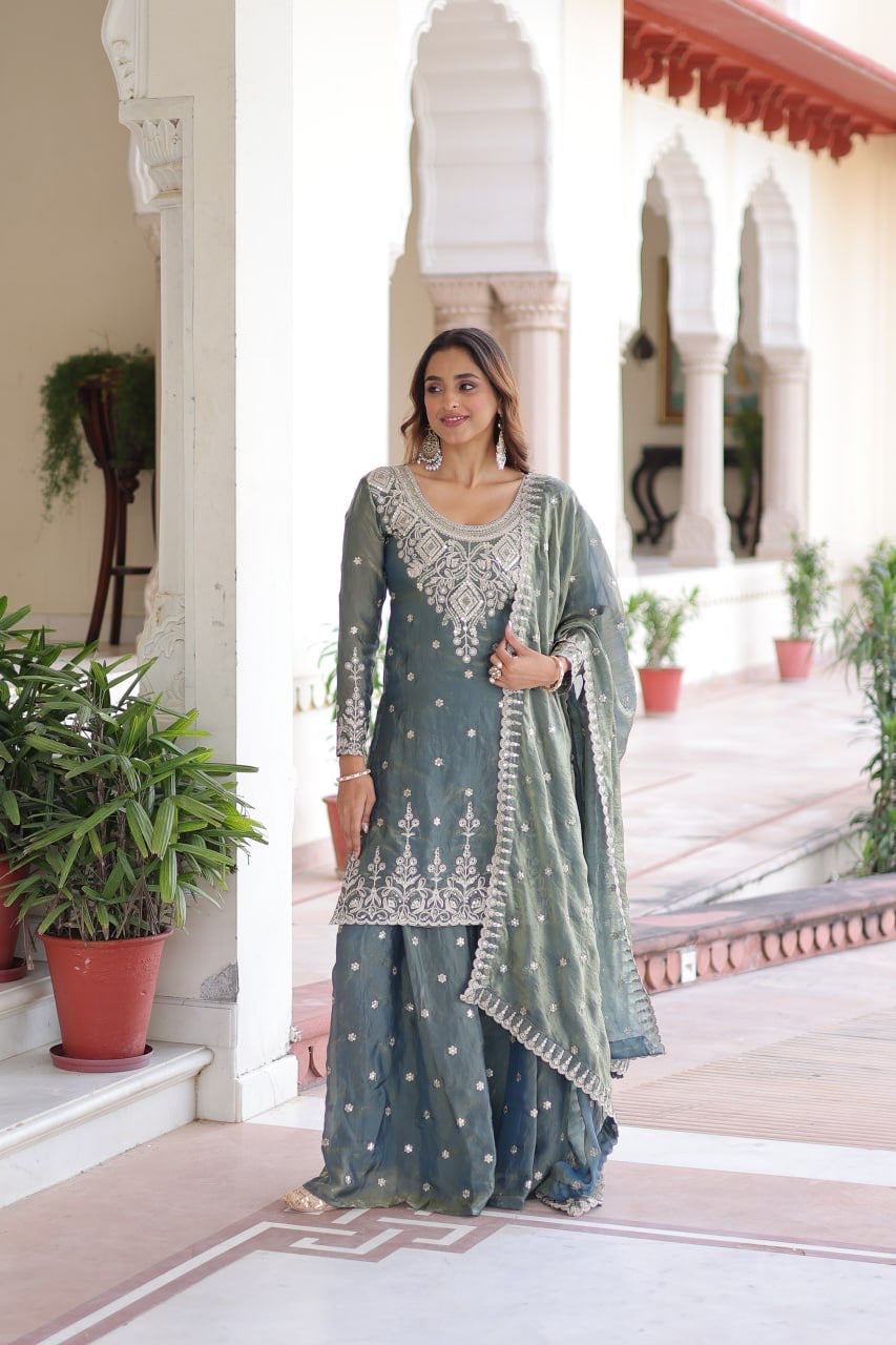 Premium Designer Readymade Top–Sharara–Dupatta Set