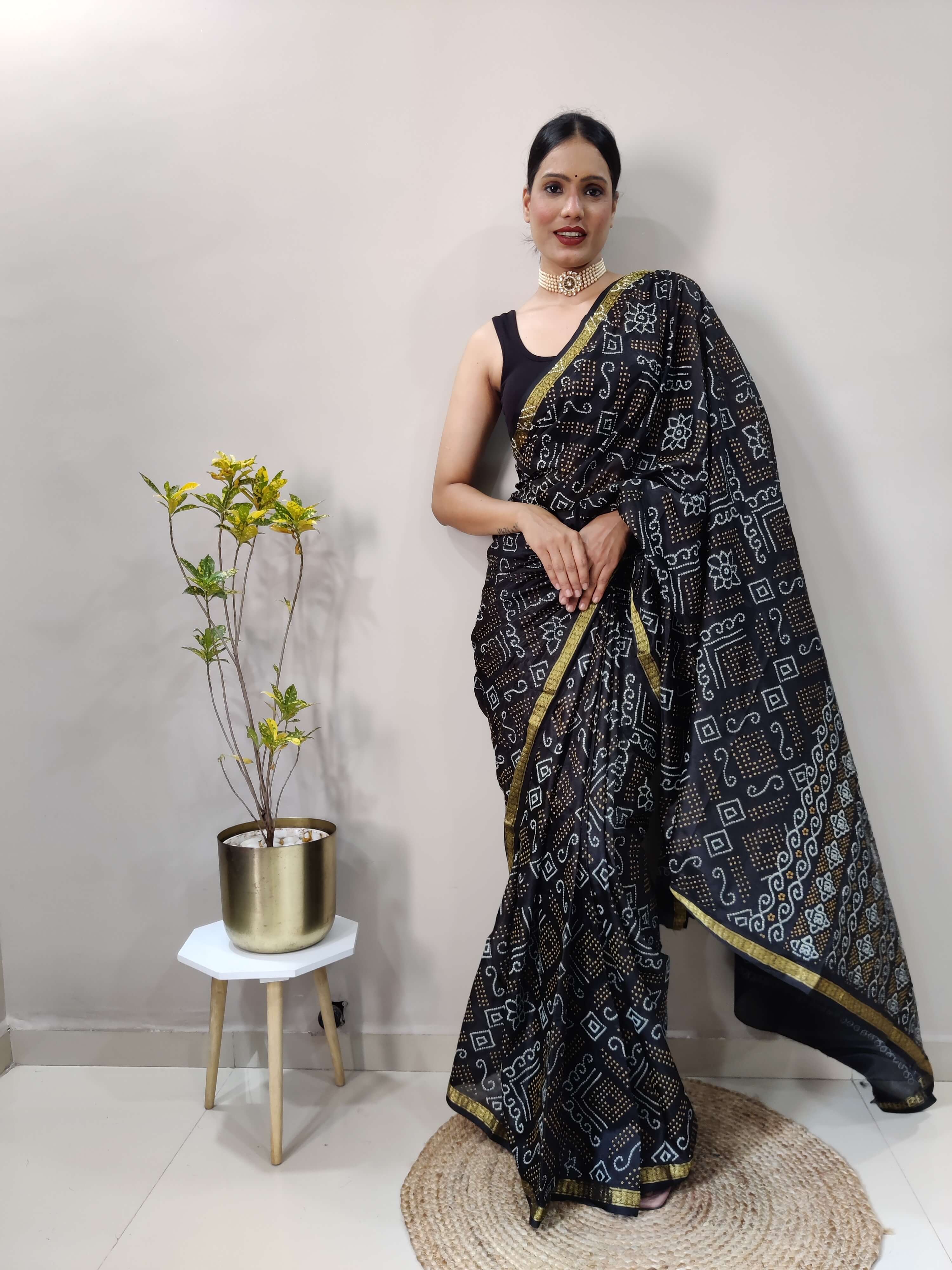 1 Min Ready To Wear Saree In  BLACK  Bandhani With All Over Boder