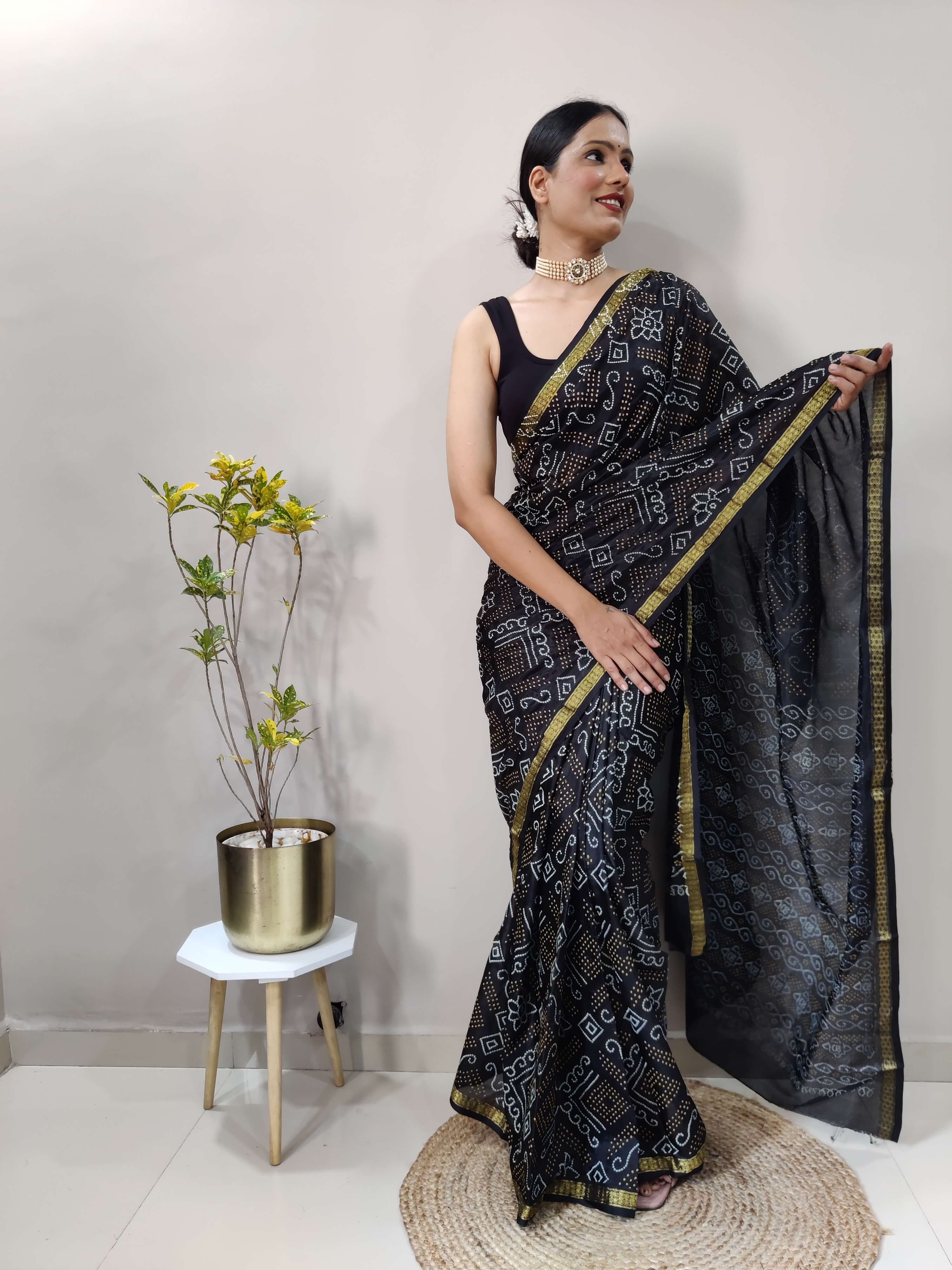 1 Min Ready To Wear Saree In  BLACK  Bandhani With All Over Boder