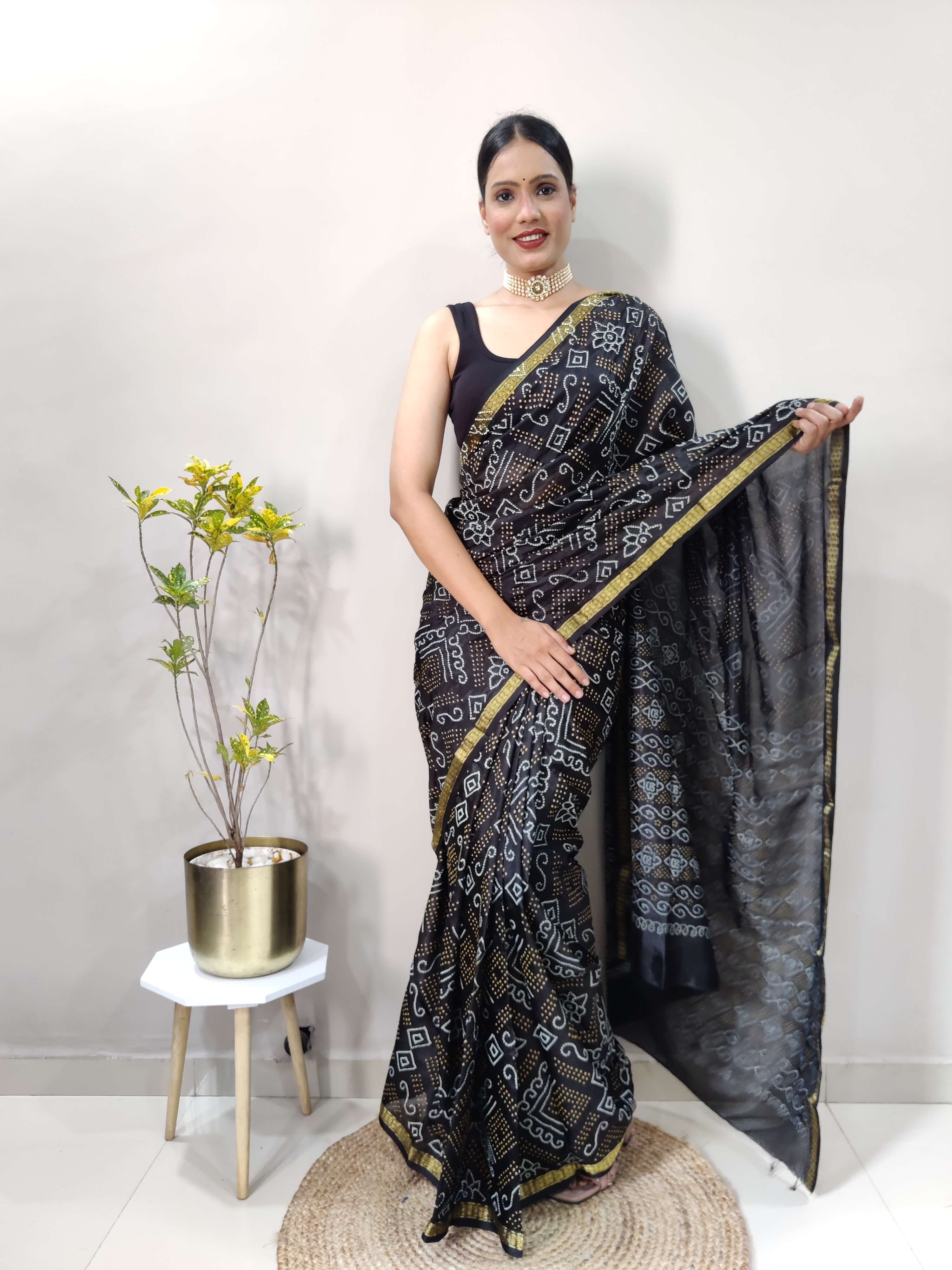 1 Min Ready To Wear Saree In  BLACK  Bandhani With All Over Boder