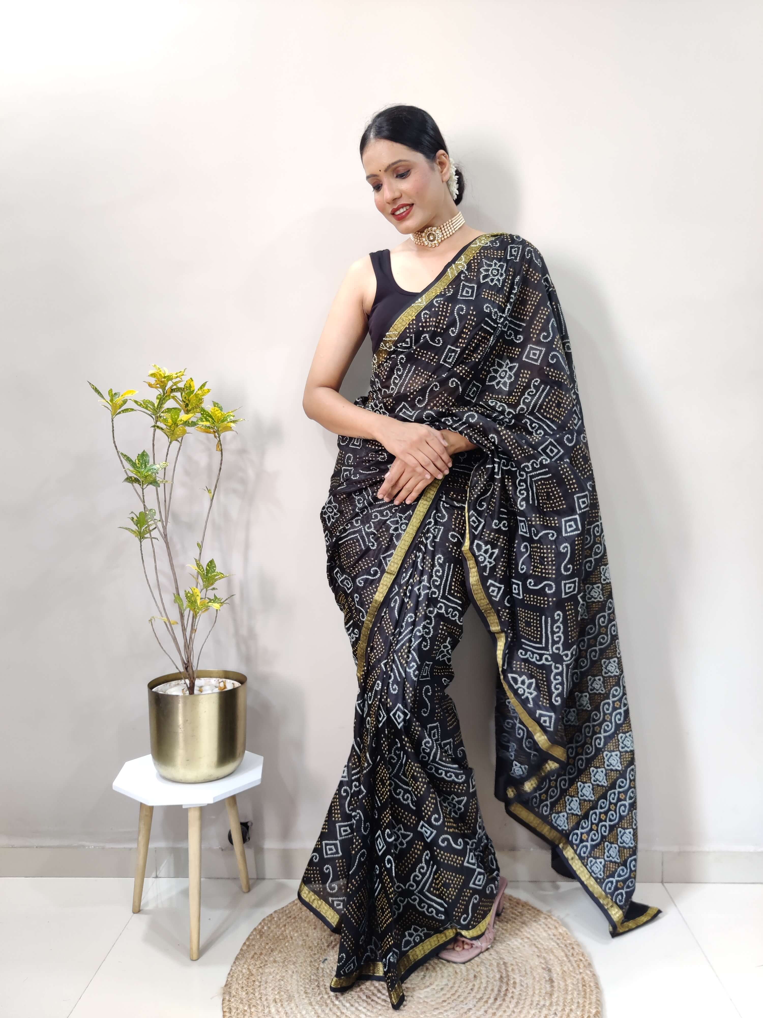 1 Min Ready To Wear Saree In  BLACK  Bandhani With All Over Boder