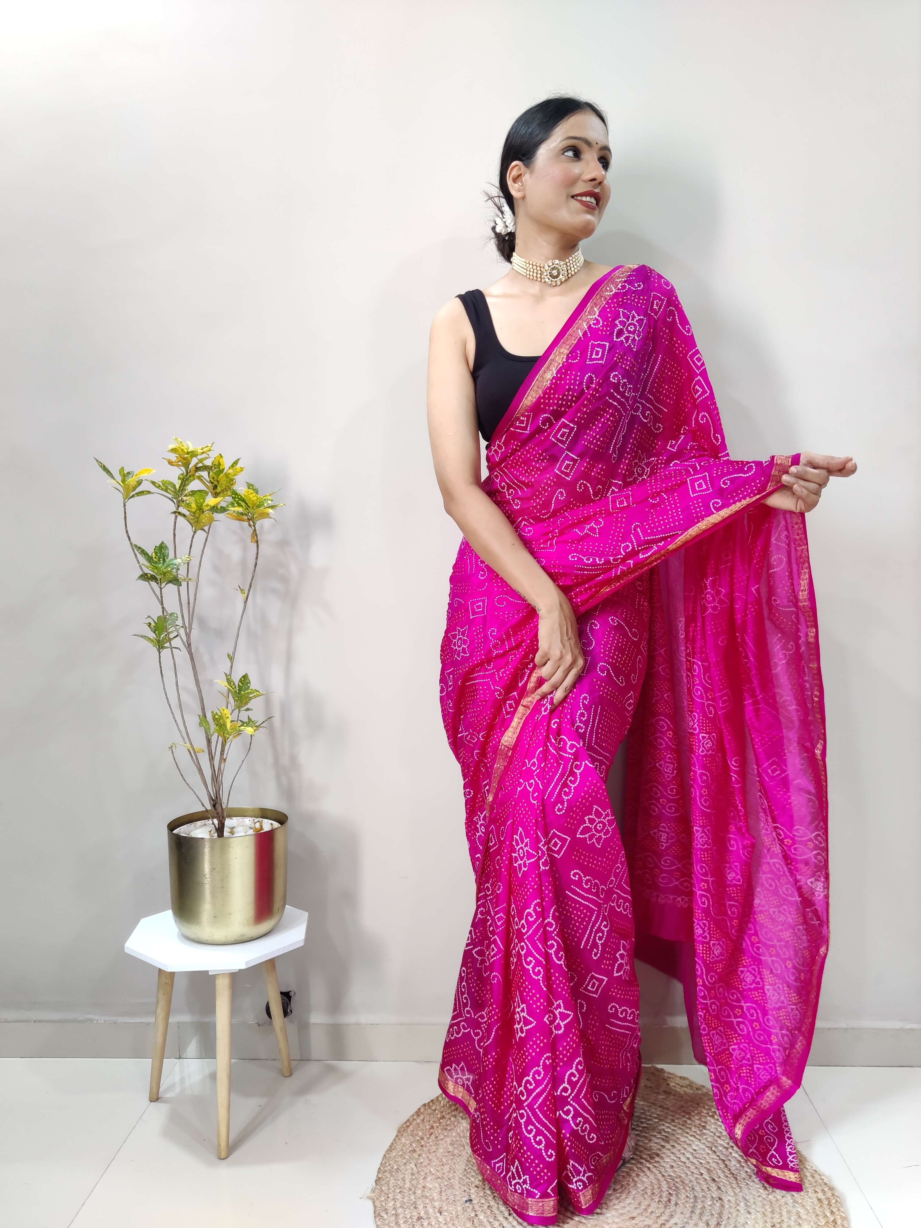 1 Min Ready To Wear Saree In  PINK Bandhani With All Over Boder